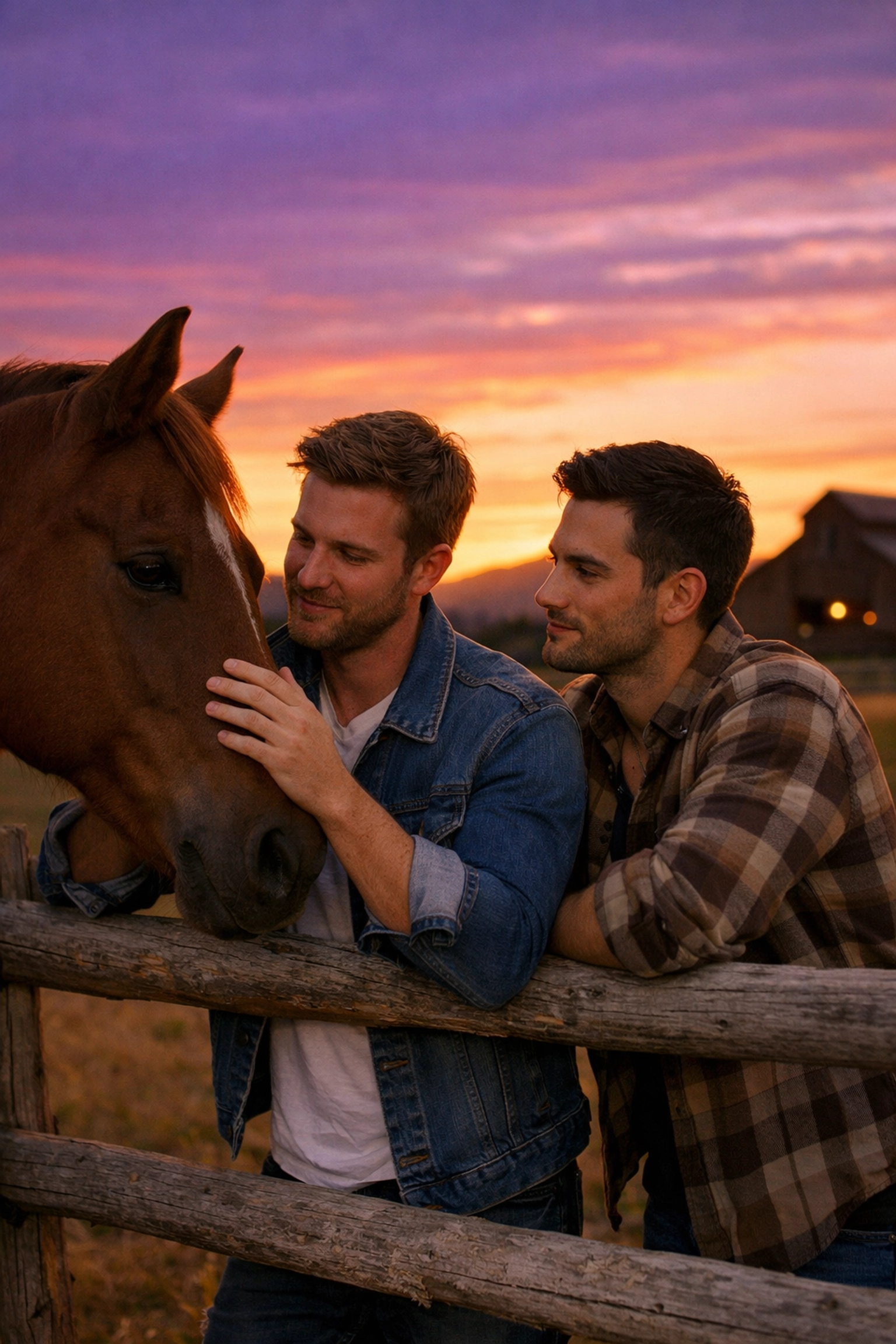 Two men bond with a chestnut horse on a ranch at sunset, reflecting romantic themes in gay fiction and MM romance.