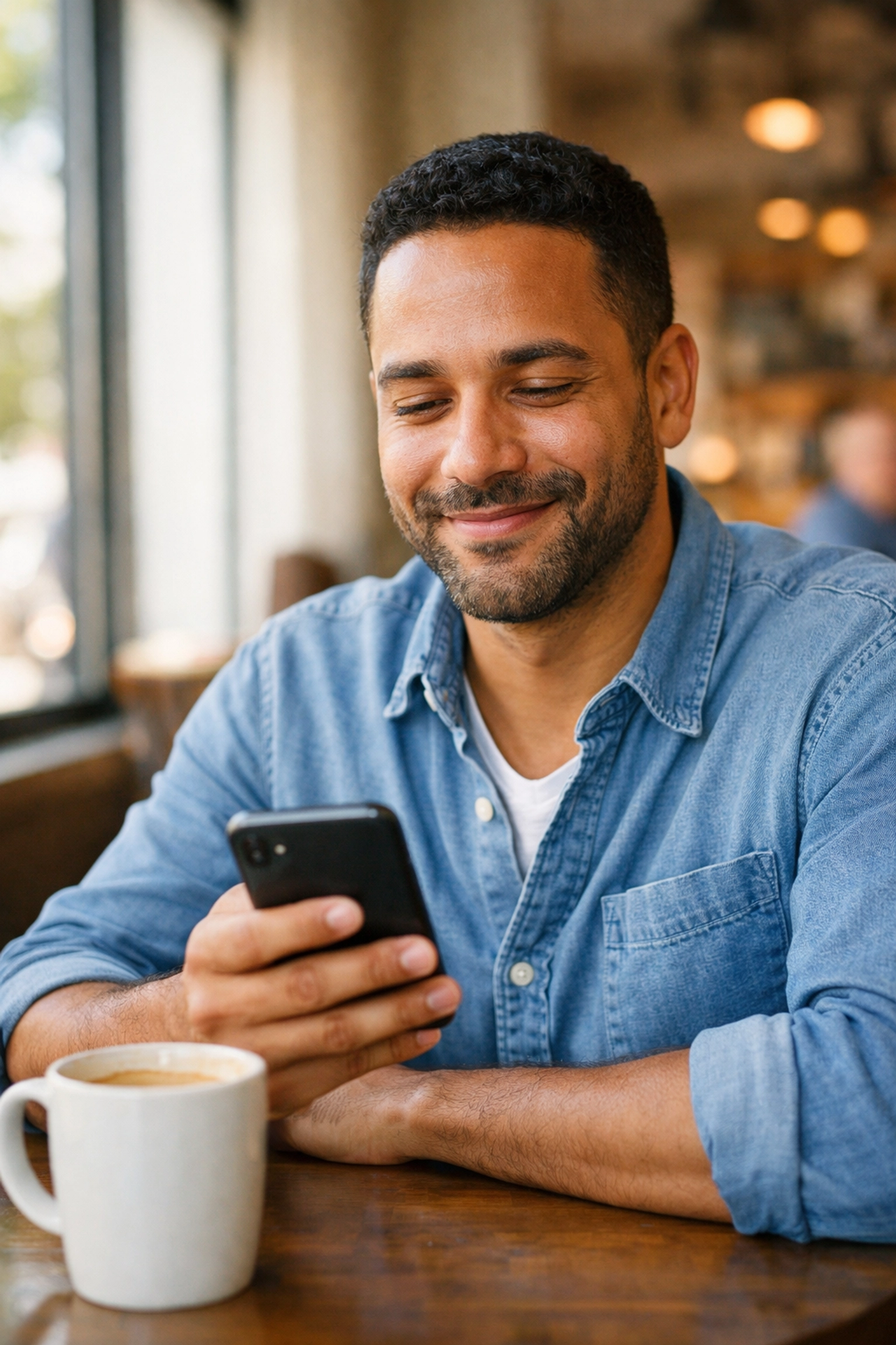 Man discreetly accessing online sexual health consultation on smartphone in public setting