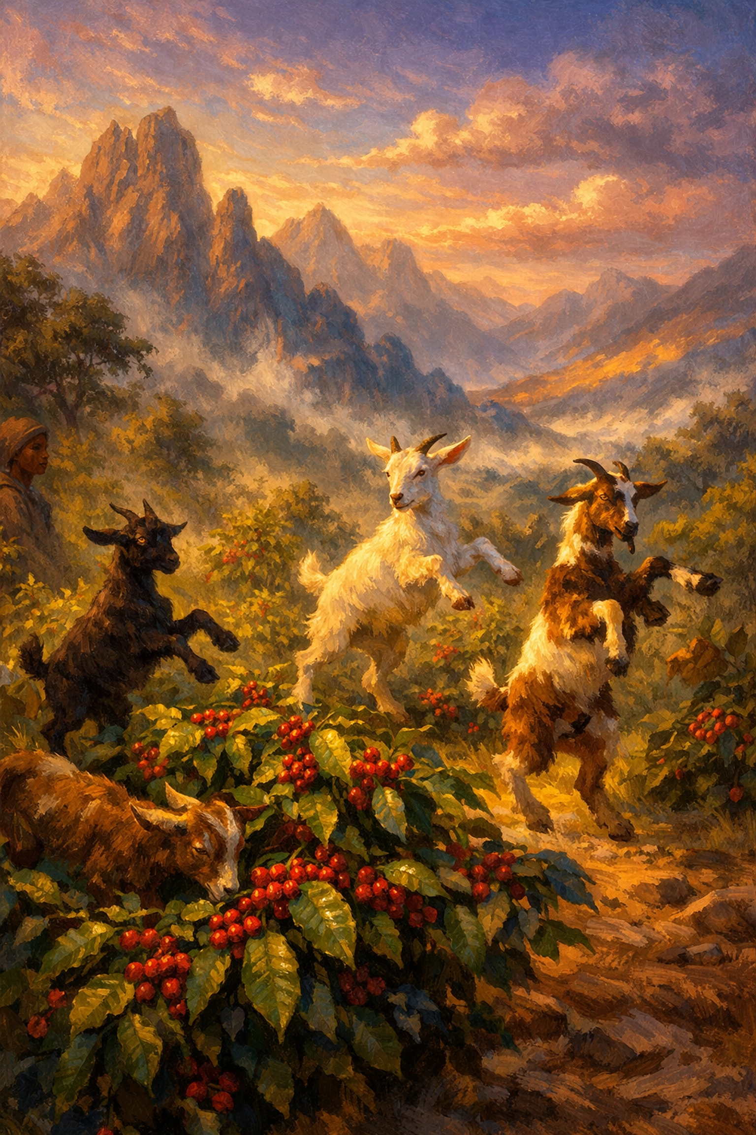 Goats grazing on coffee cherries in the Ethiopian mountains, depicting the origin of African coffee.
