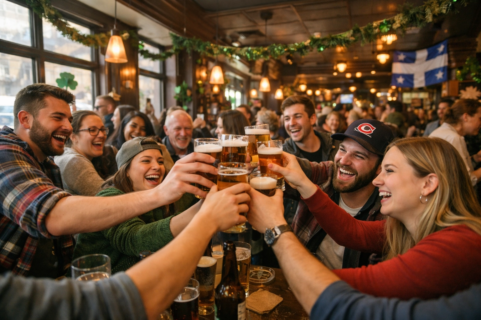 A joyful crowd of friends toasting with drinks during a St. Patrick's Day celebration in Montreal.