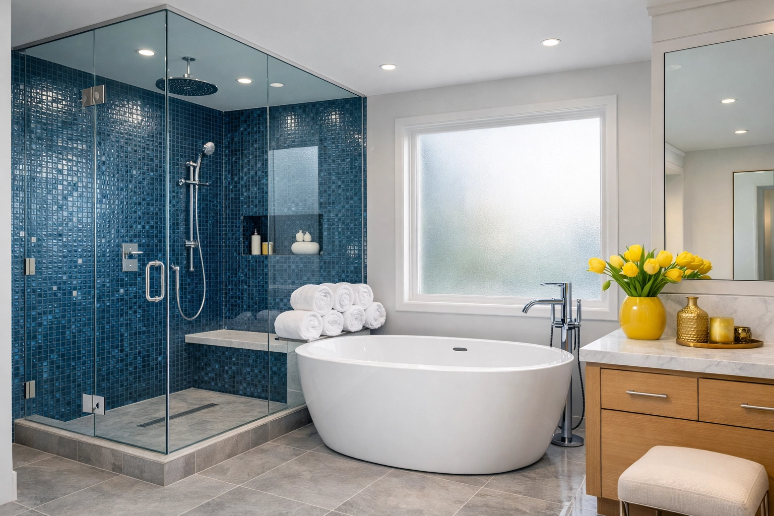 A sparkling luxury bathroom in Buzzards Bay maintained by bi-weekly house cleaning services.