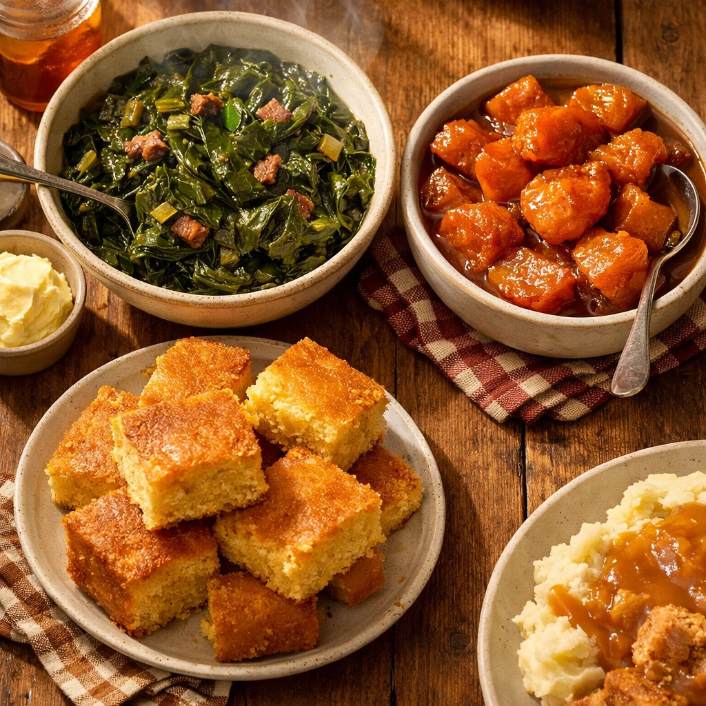 A rustic Southern table spread featuring vegan collard greens, cornbread, and candied yams.