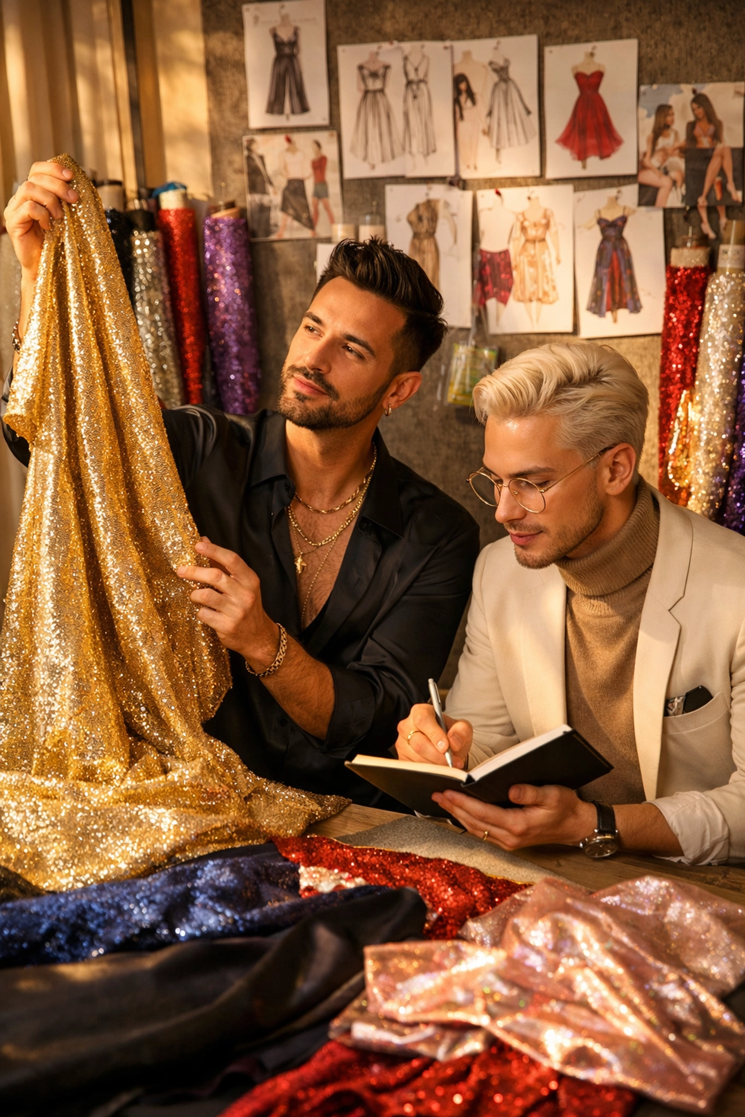 Gay fashion designers collaborating on luxury fabrics in upscale atelier workspace