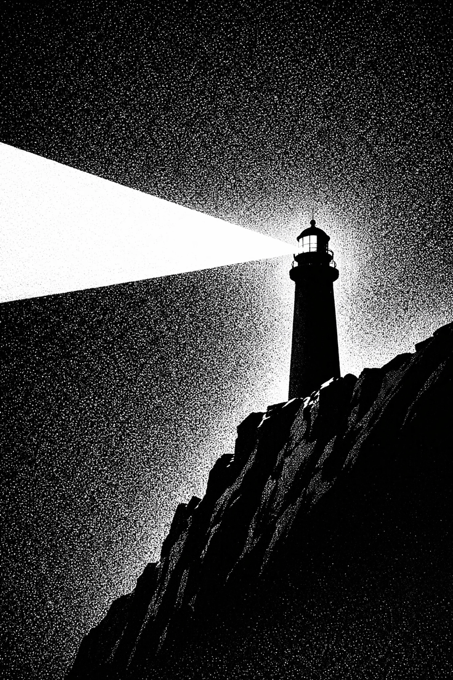 A singular lighthouse beam cutting through black sky, symbolizing market signal over noise.