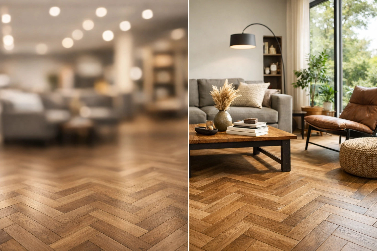 Modern living room with herringbone oak LVT flooring highlighting realistic wood grain texture.
