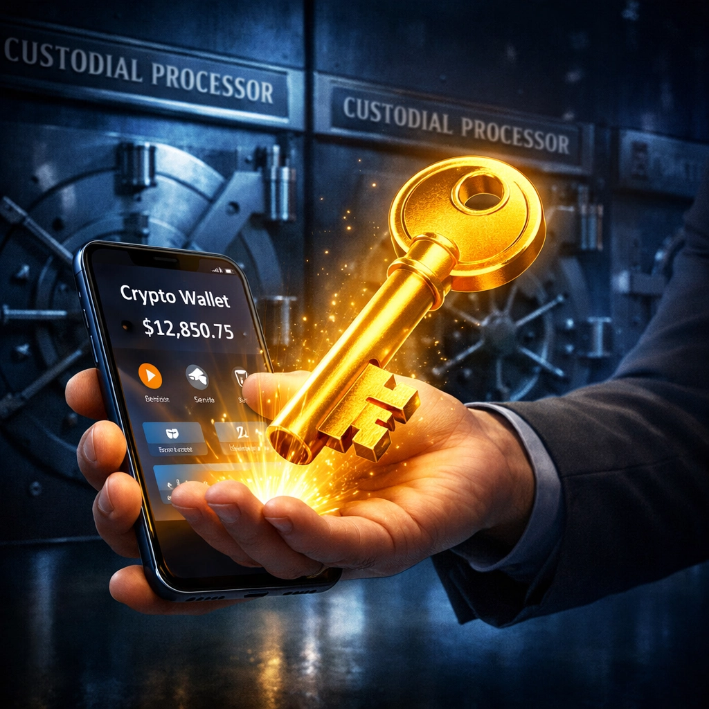 Merchant controlling private keys in self-custody wallet with full crypto asset ownership