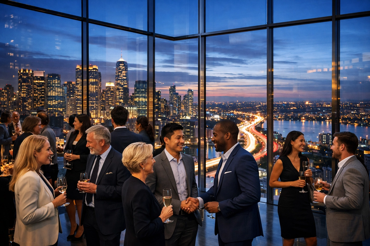 High-quality professional event coverage of a corporate networking gala with city views.