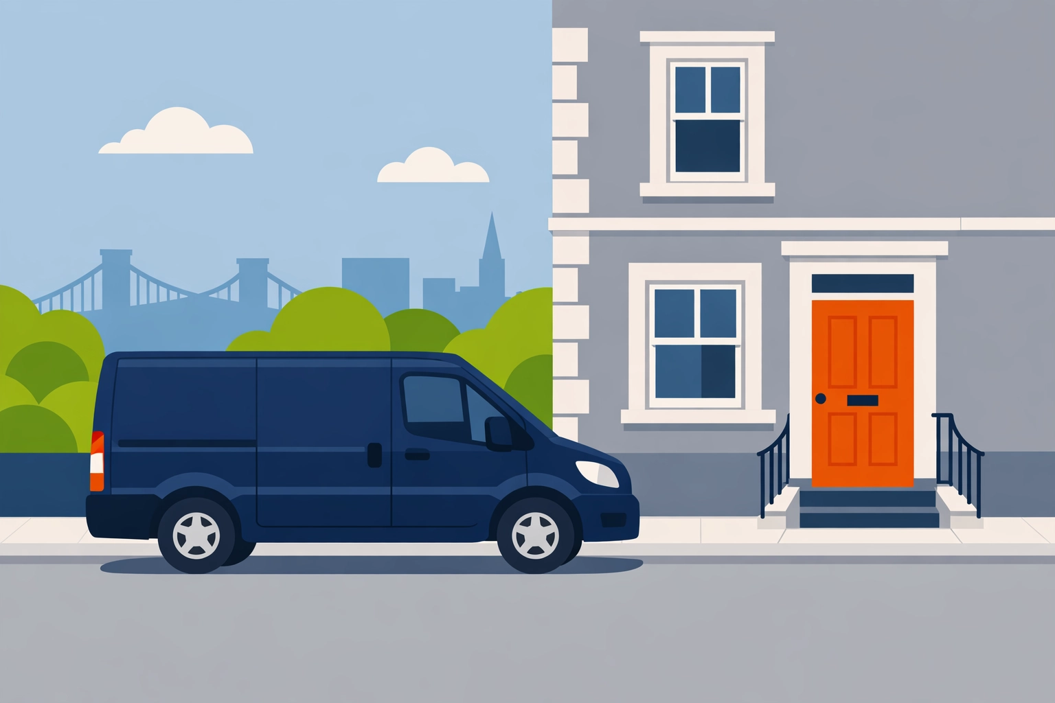 Illustration of a local emergency locksmith Bristol van parked outside a residential home.