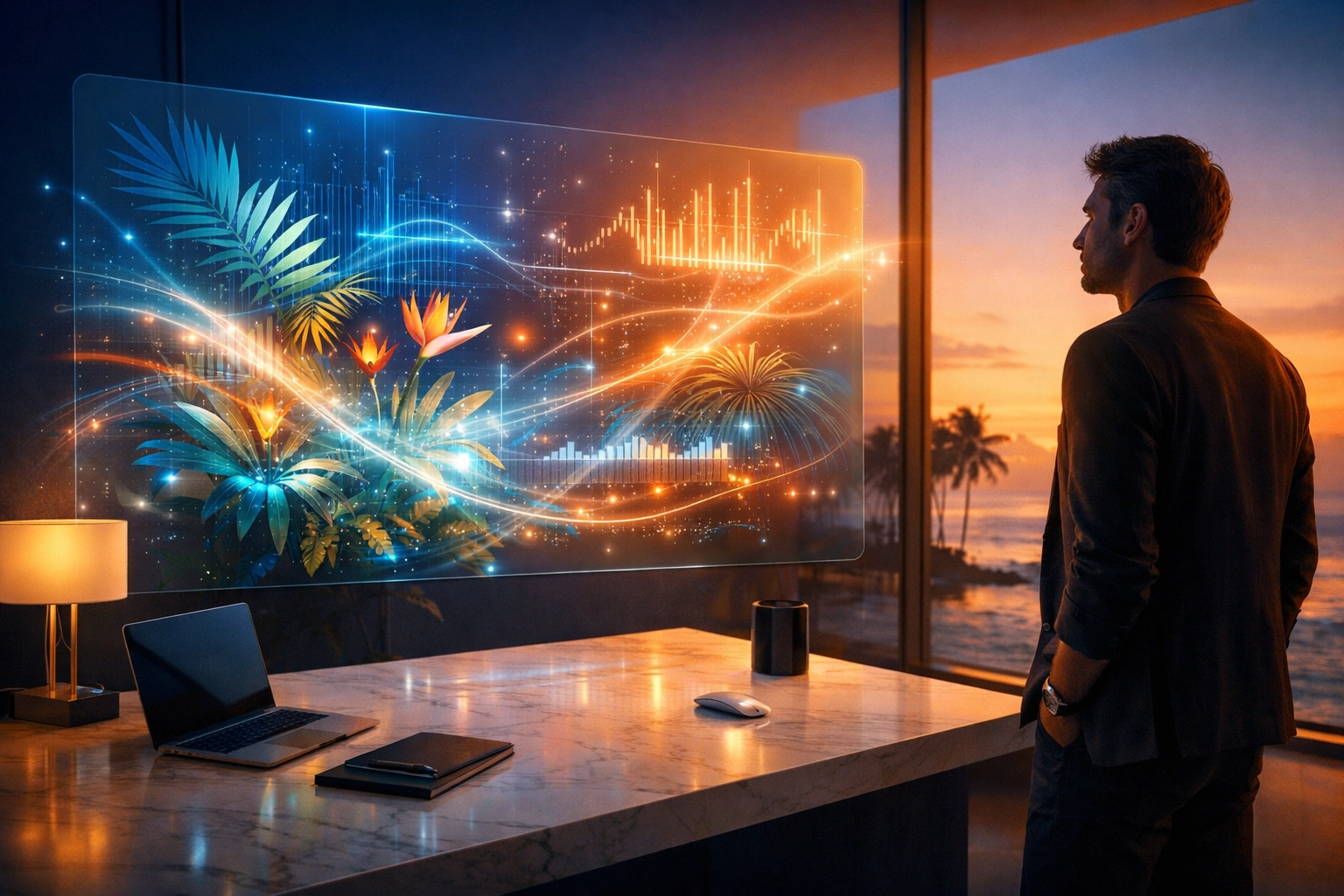 Visionary marketer using AI automation tools in a high-end South Florida workspace.