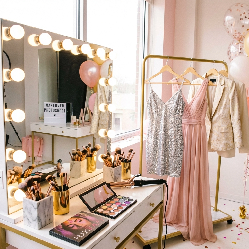 Vanity setup with makeup and outfit options in a professional Queens photography studio for a l photoshoot.