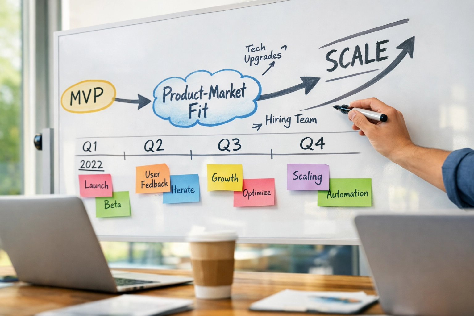 Technology roadmap from MVP to scale on whiteboard for startup CTO planning