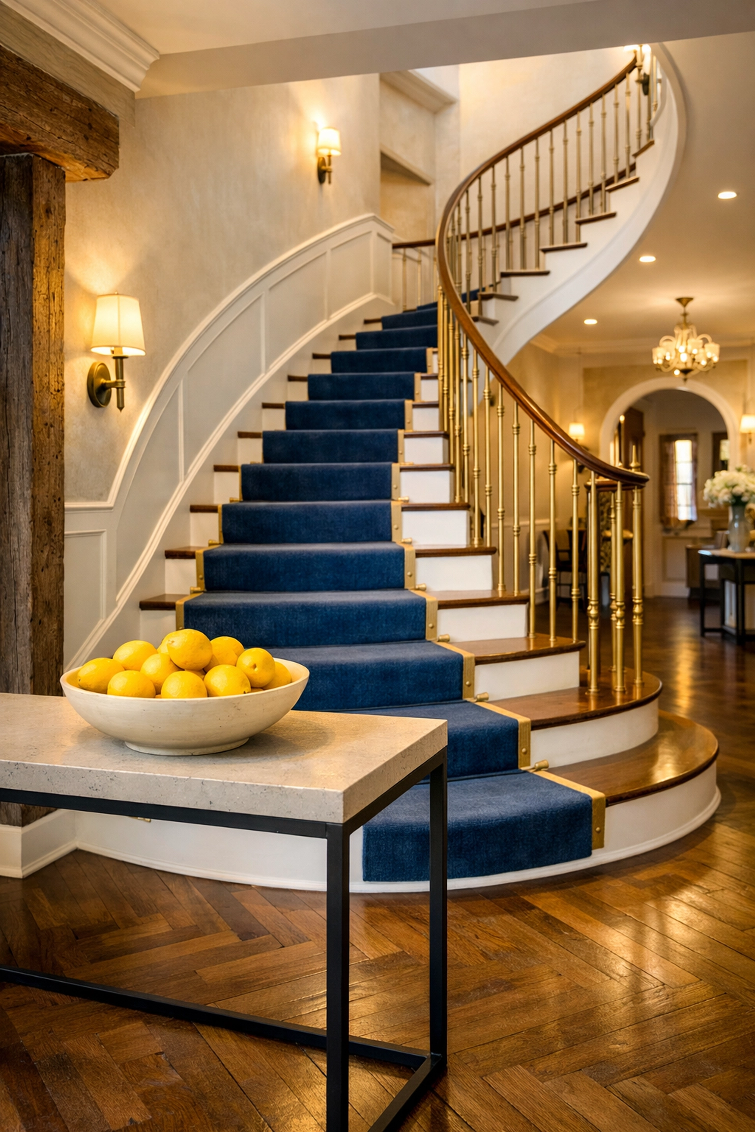Immaculate high-traffic foyer and grand staircase in a Shrewsbury property kept clean with professional services.