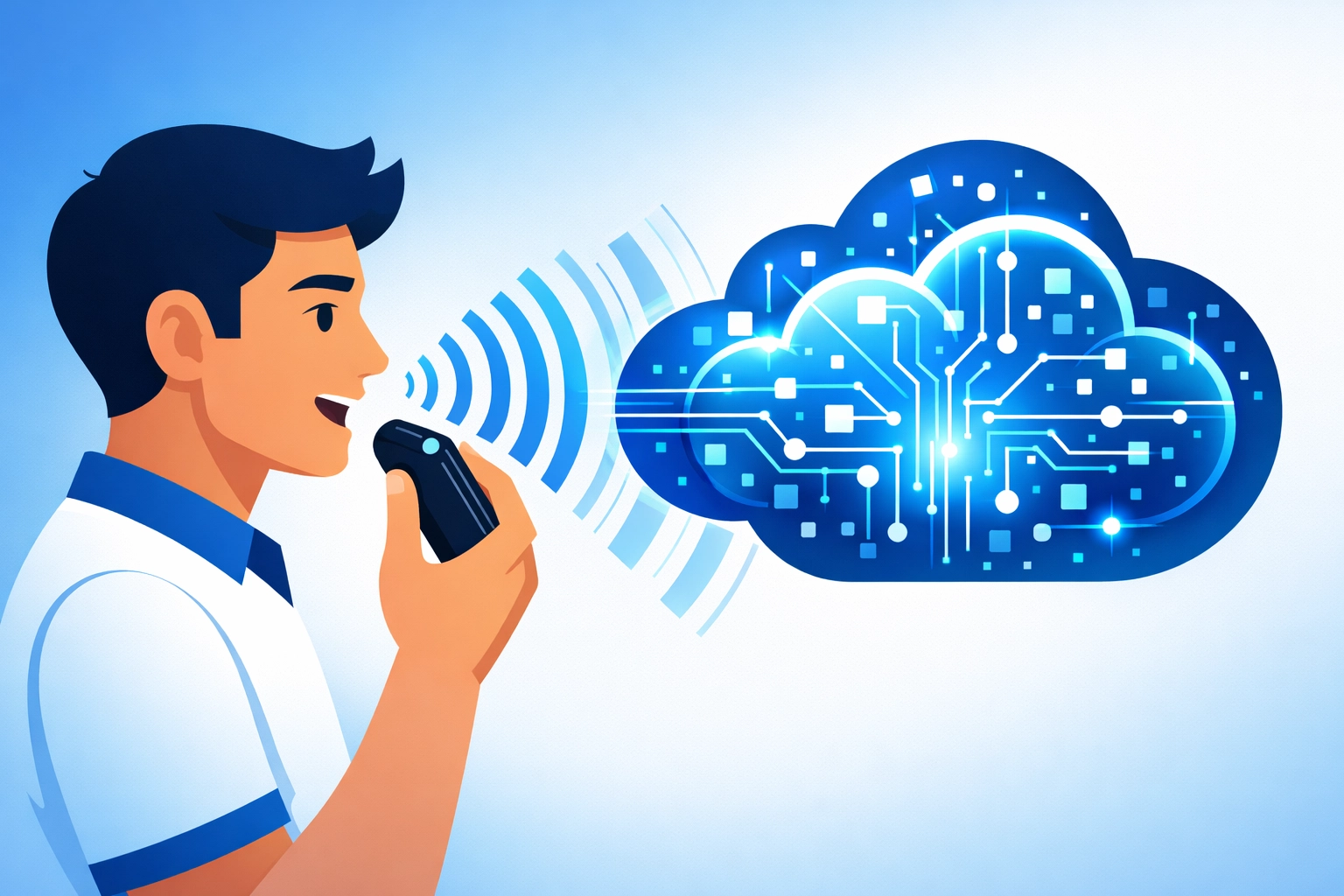 A professional character using voice search to demonstrate local AEO and conversational query optimization.