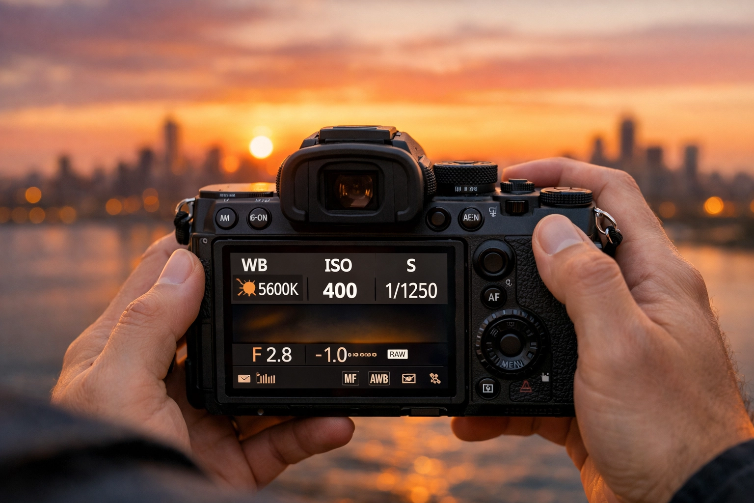 A close-up of camera settings on an LCD screen teaching how to use manual mode camera.