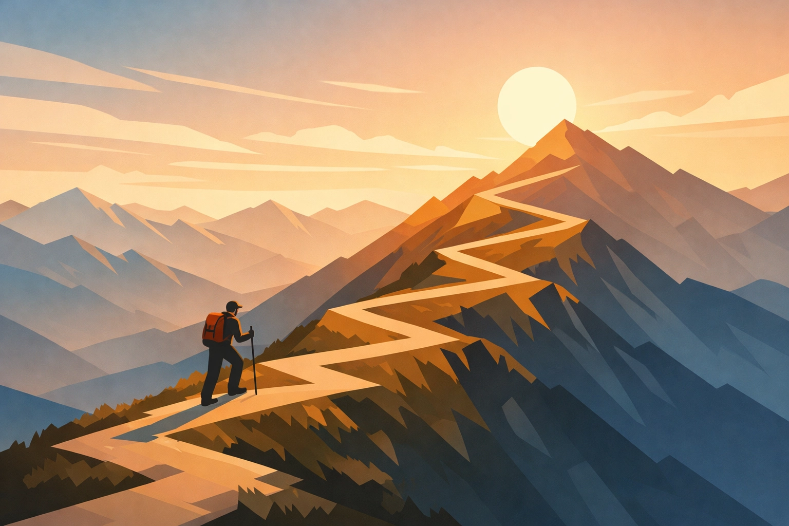 Hiker climbing mountain trail symbolizing personal transformation and starting over journey