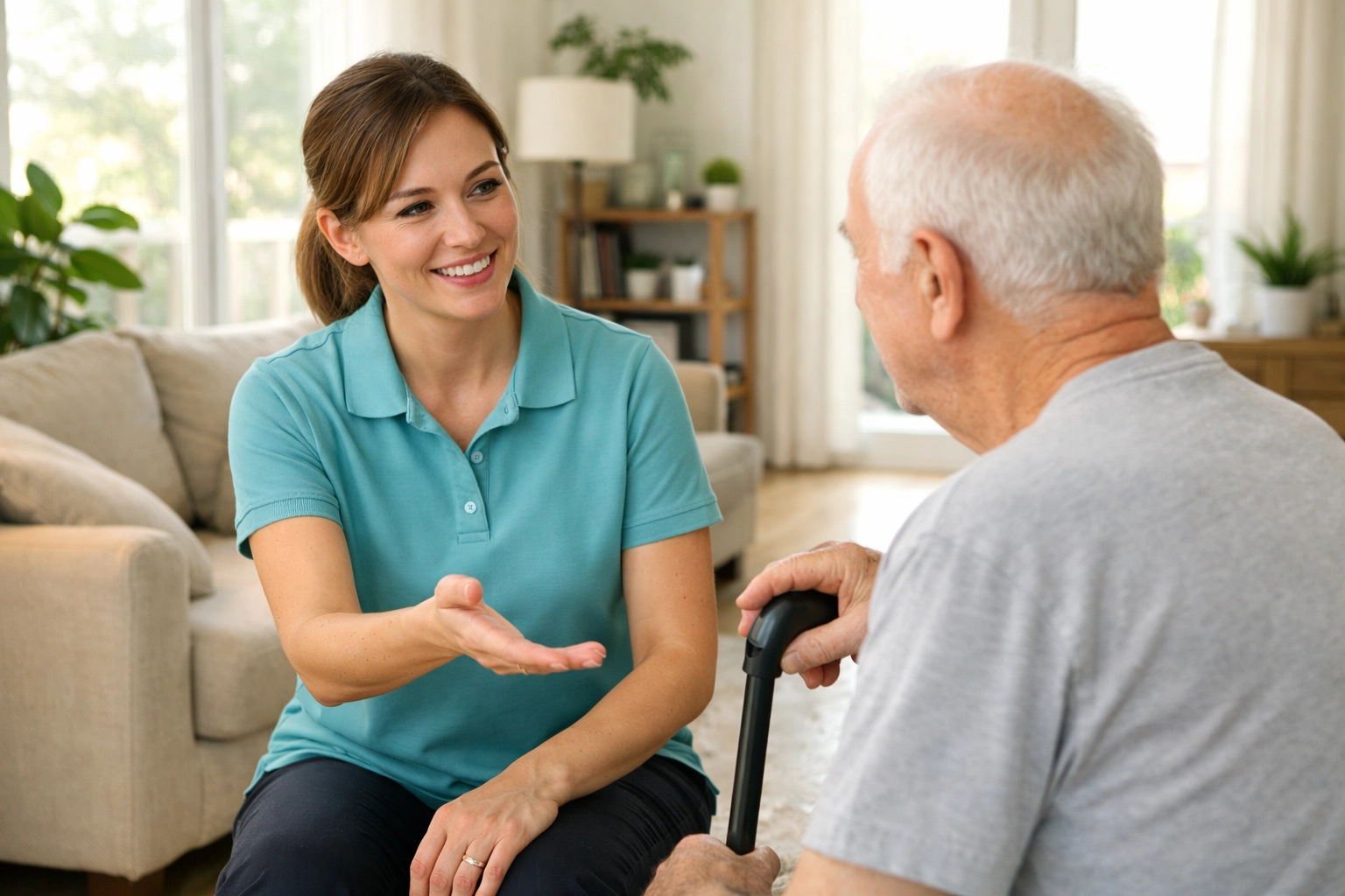 Physical therapist discussing mobility needs with a senior man to help choose the right walking aid.