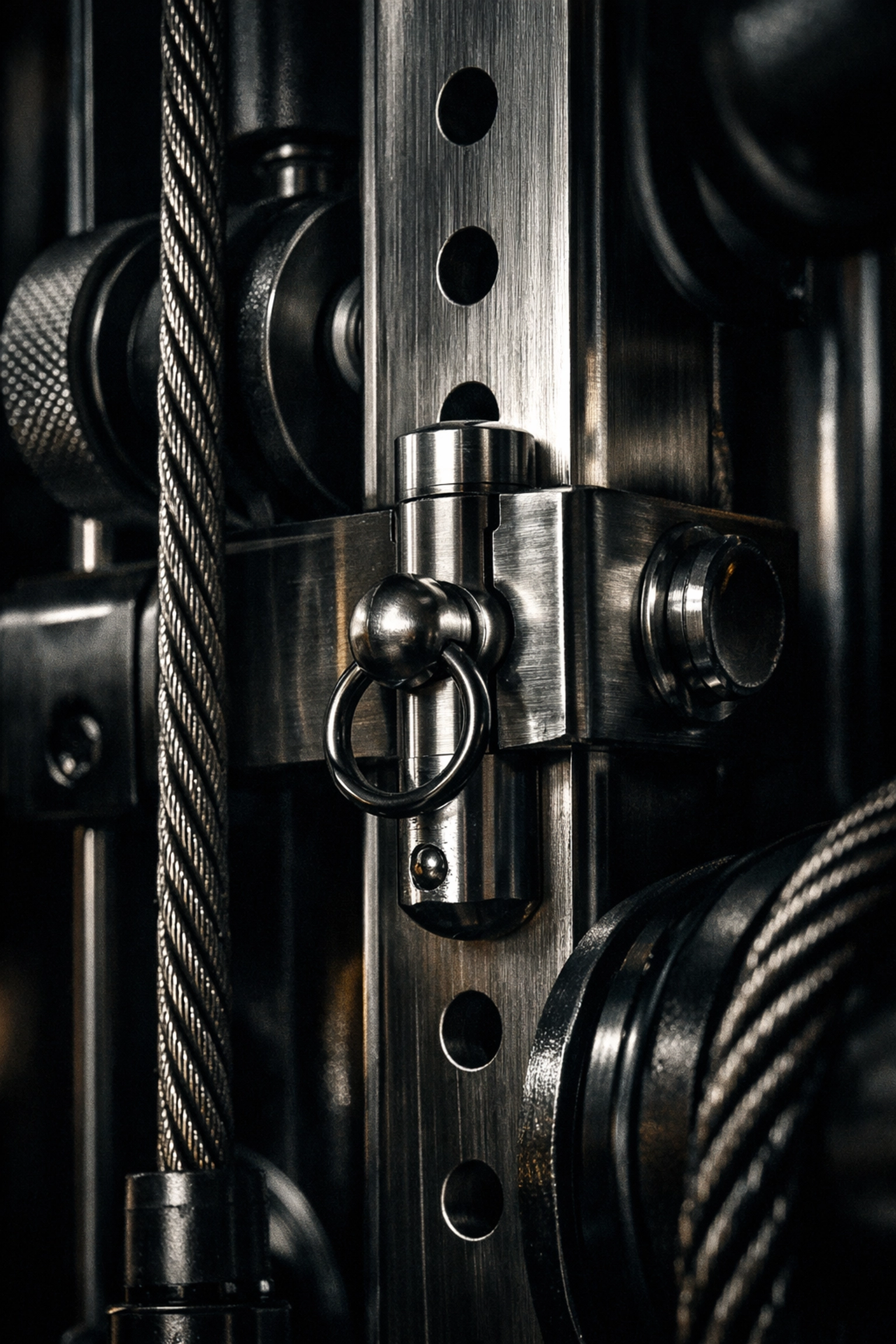 Close-up of heavy-duty cables and steel components on a durable professional home workout system.