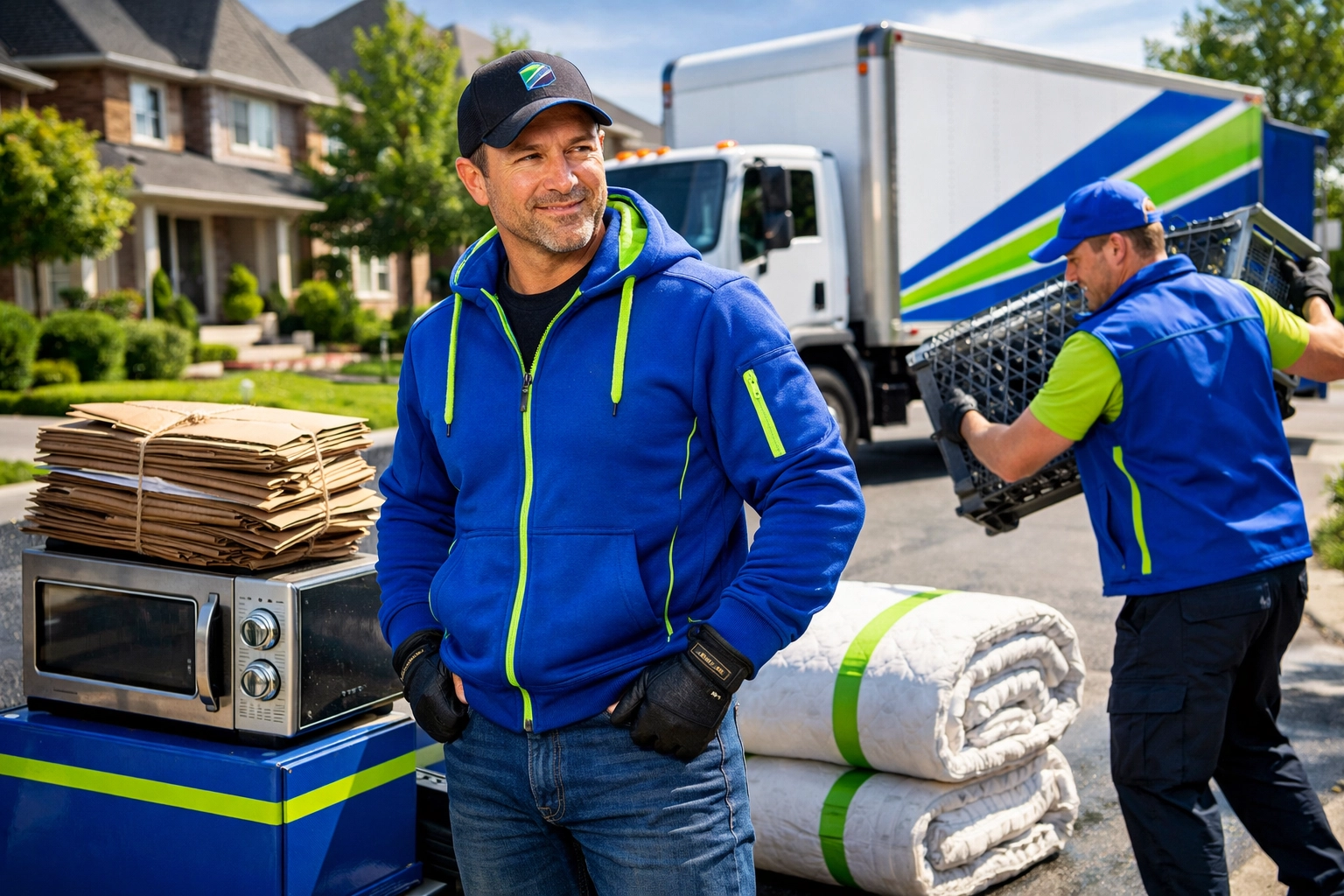 Roman and Junk GTA crew sorting recyclables for eco-friendly junk removal in Richmond Hill.
