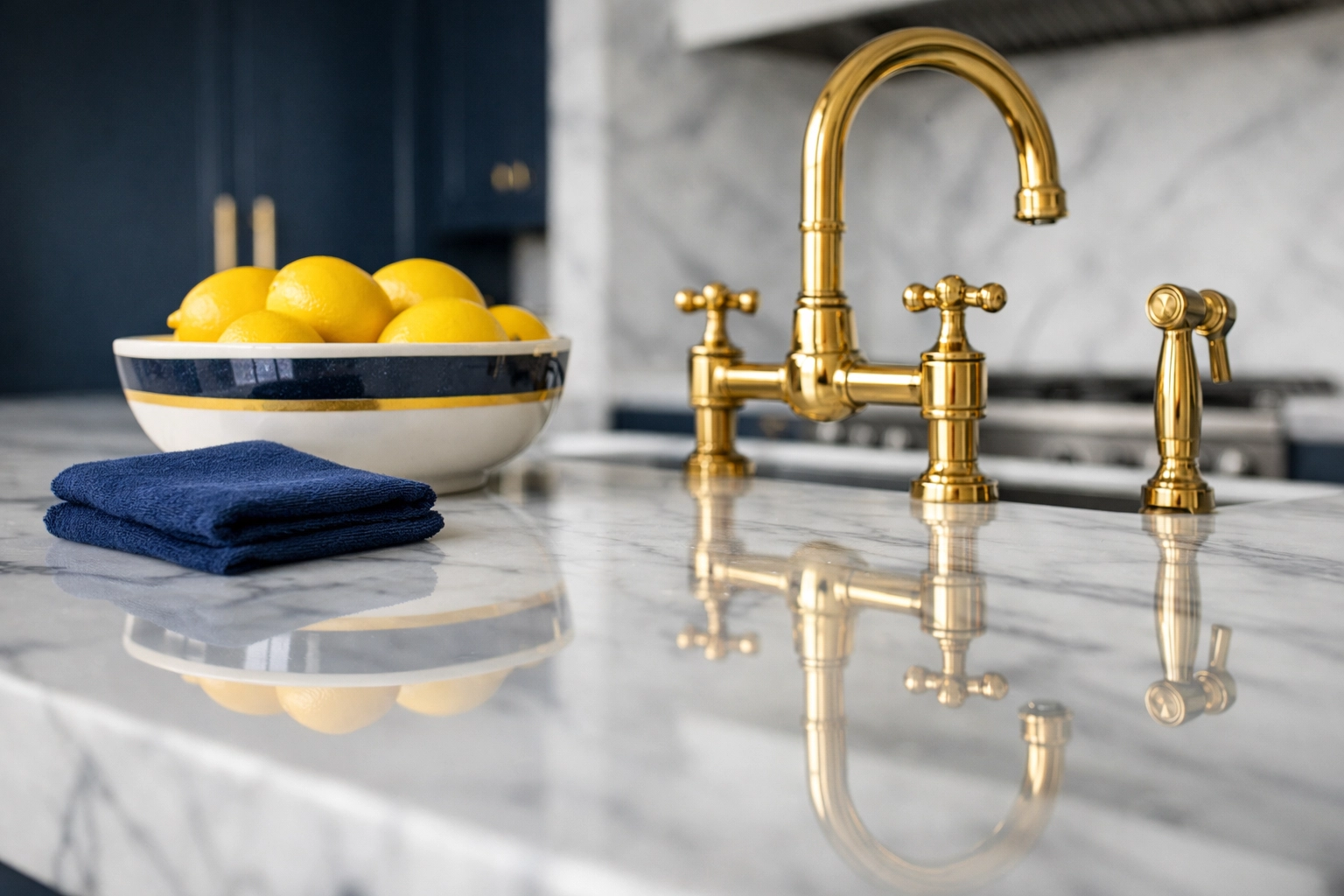 Pristine Calacatta marble island in a Weston kitchen highlighting luxury house cleaning care.