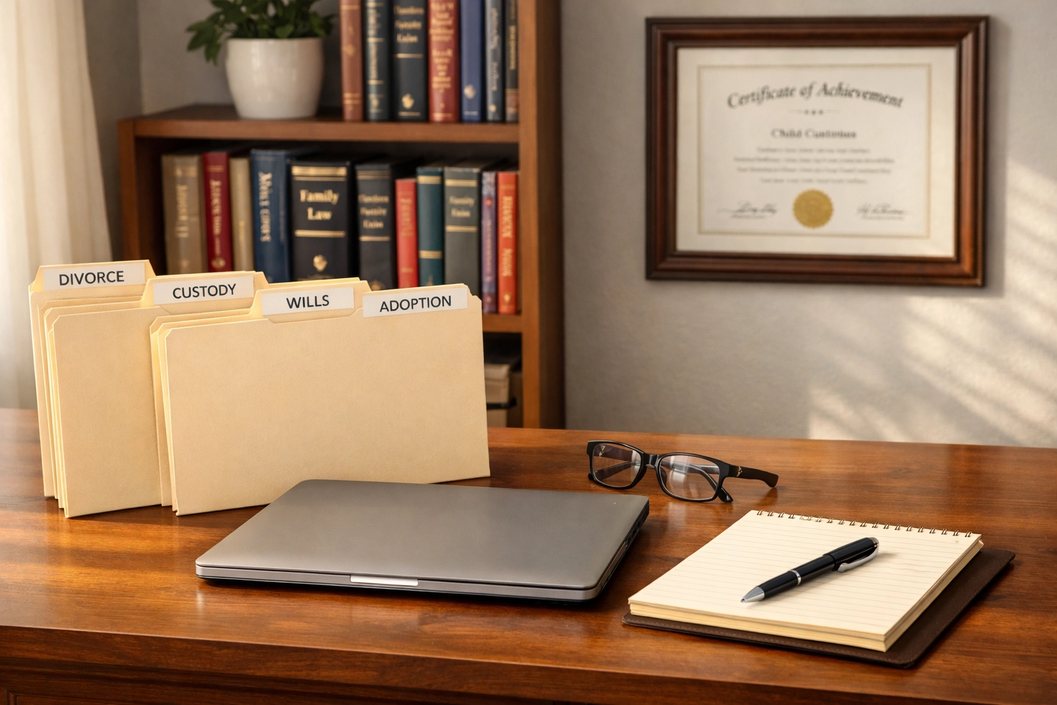 Organized legal files and documents for Virginia child support modification case preparation