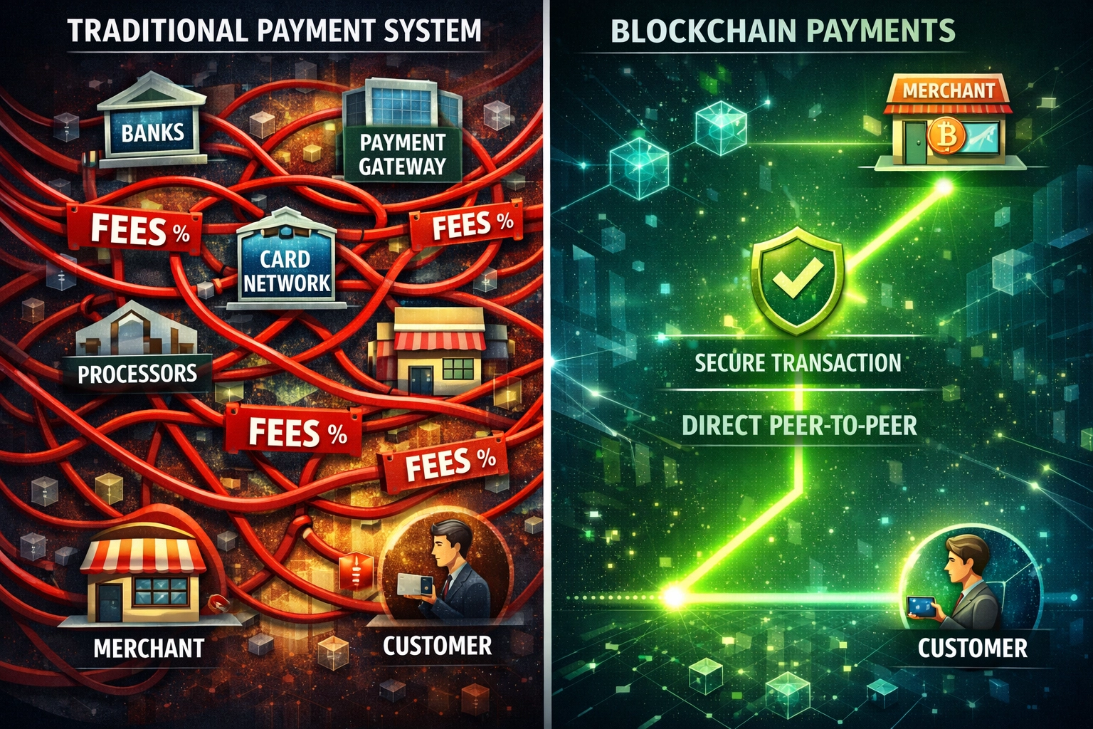 Comparison of cluttered traditional payment processing versus direct blockchain crypto payment pathway