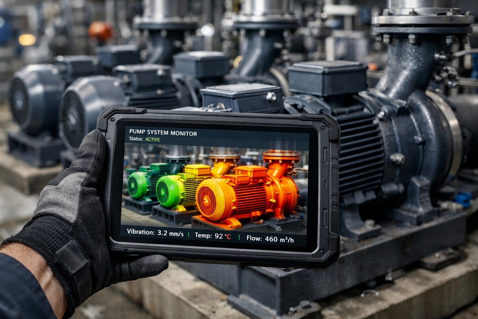 Technician using a digital twin interface to monitor real-time industrial pump performance.