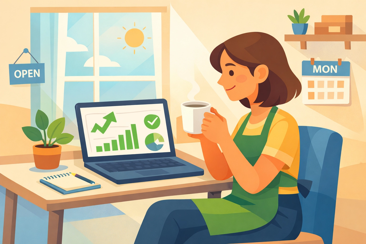 Business owner confidently reviewing financial dashboard on laptop