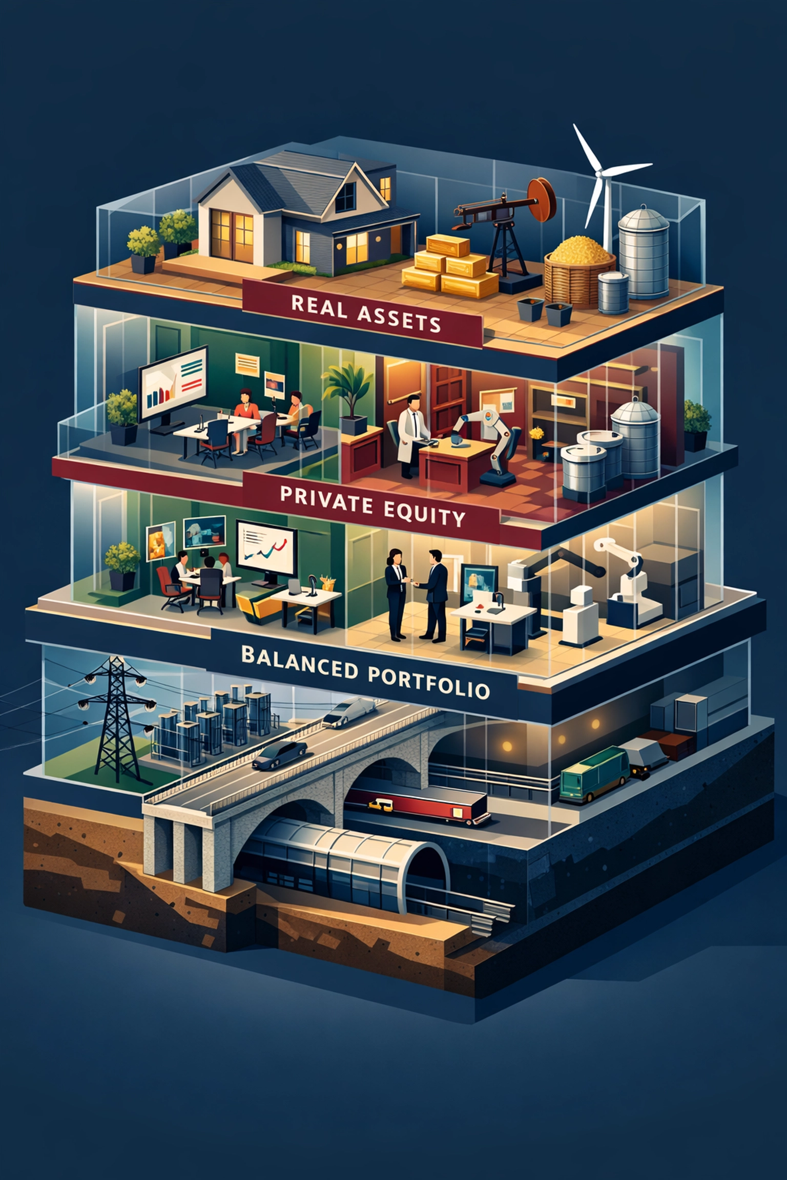 Diversified portfolio structure showing alternative asset allocation across infrastructure and private equity