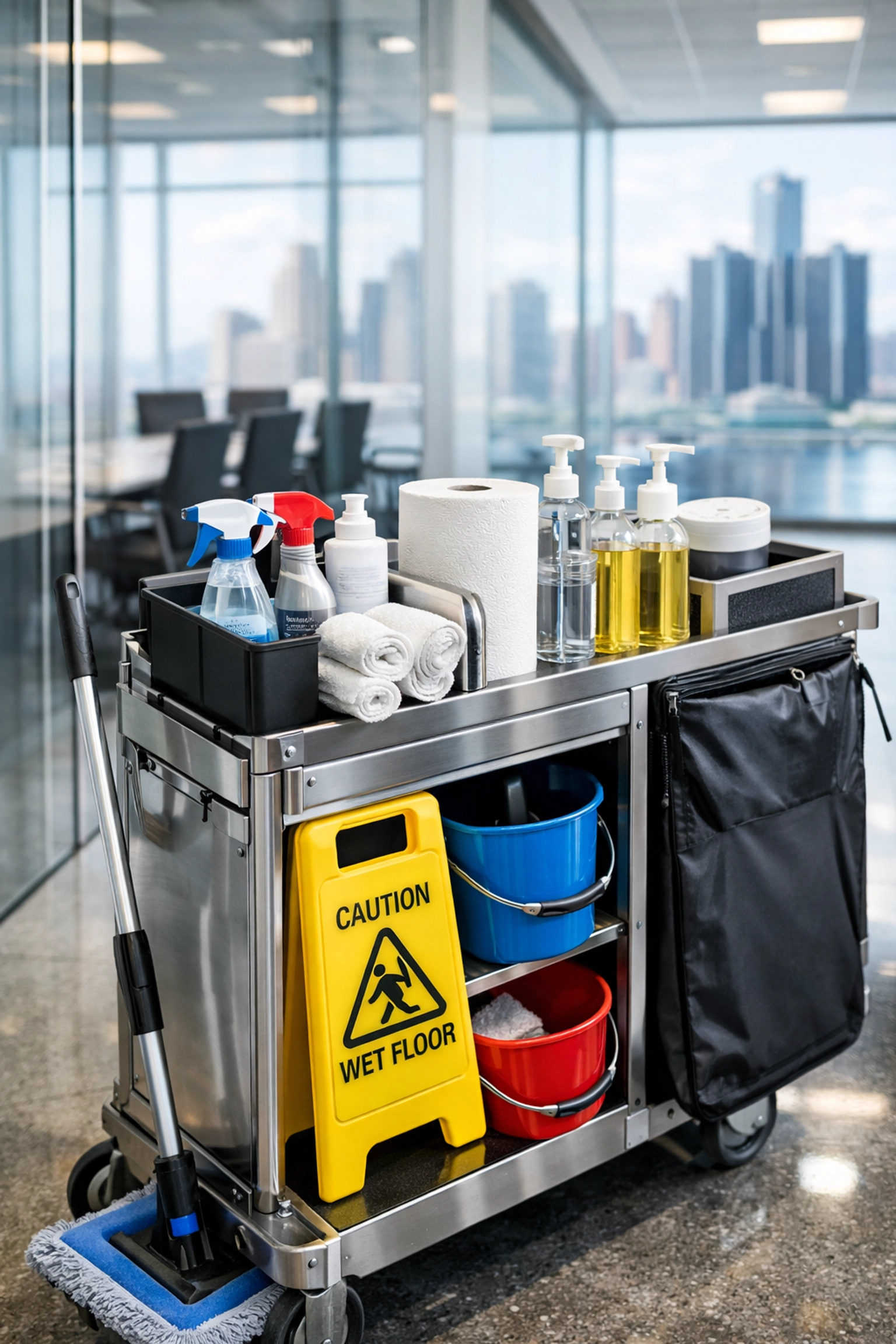 Professional cleaning cart in a modern Detroit office corridor, representing reliable janitorial services.
