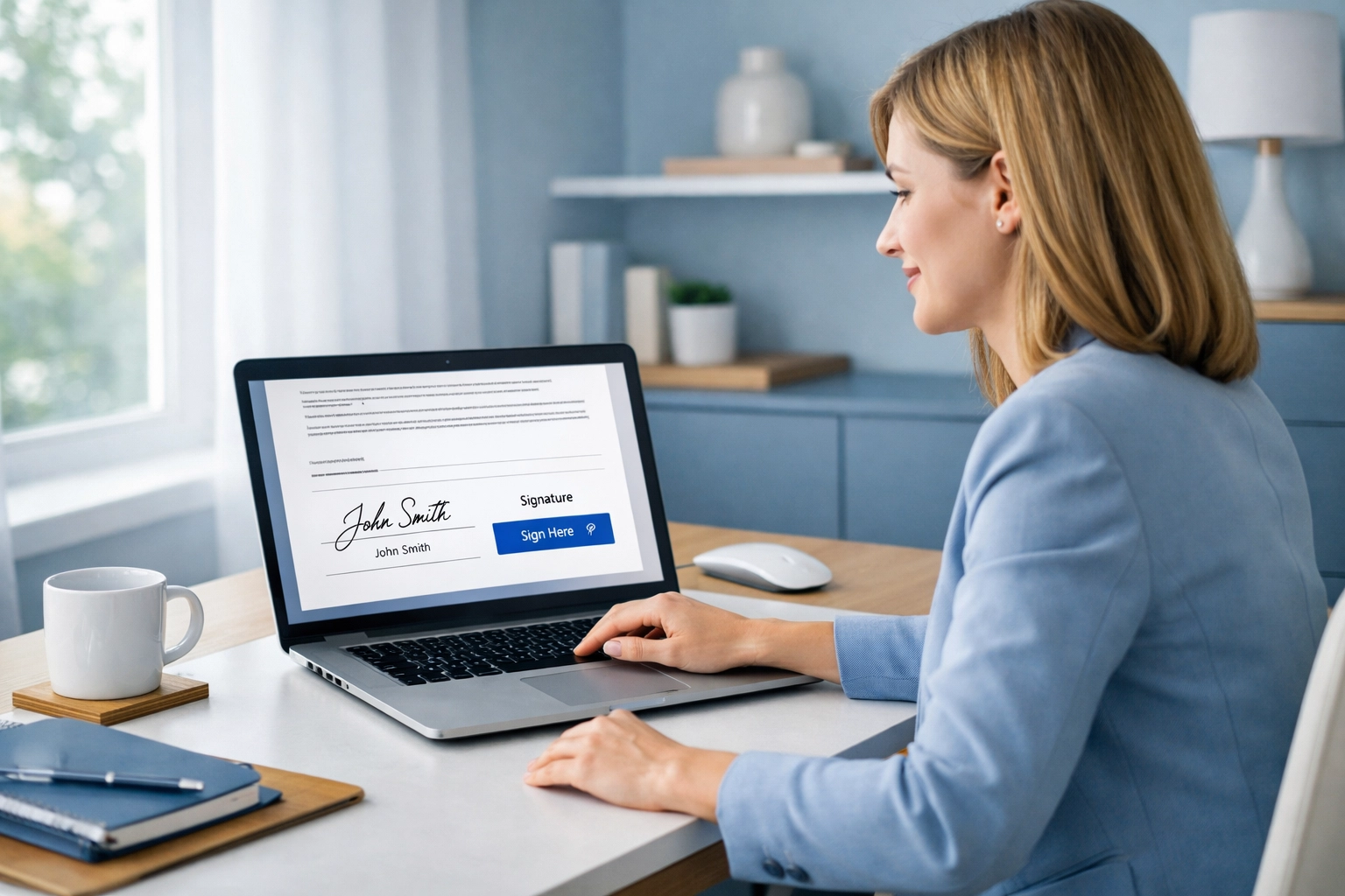 Woman signing electronic closing documents on laptop at home office desk