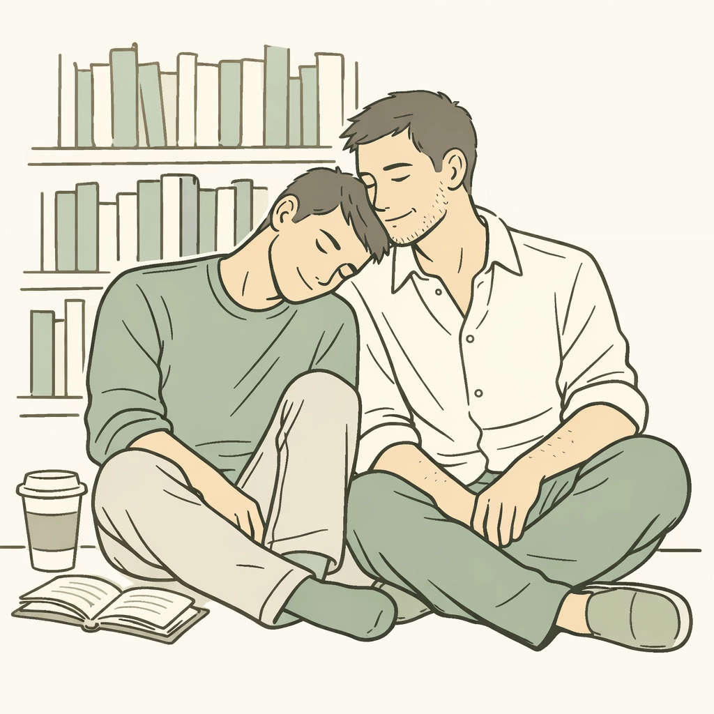A male couple sharing a platonic bond, illustrating asexual and aromantic themes in queer MM romance literature.