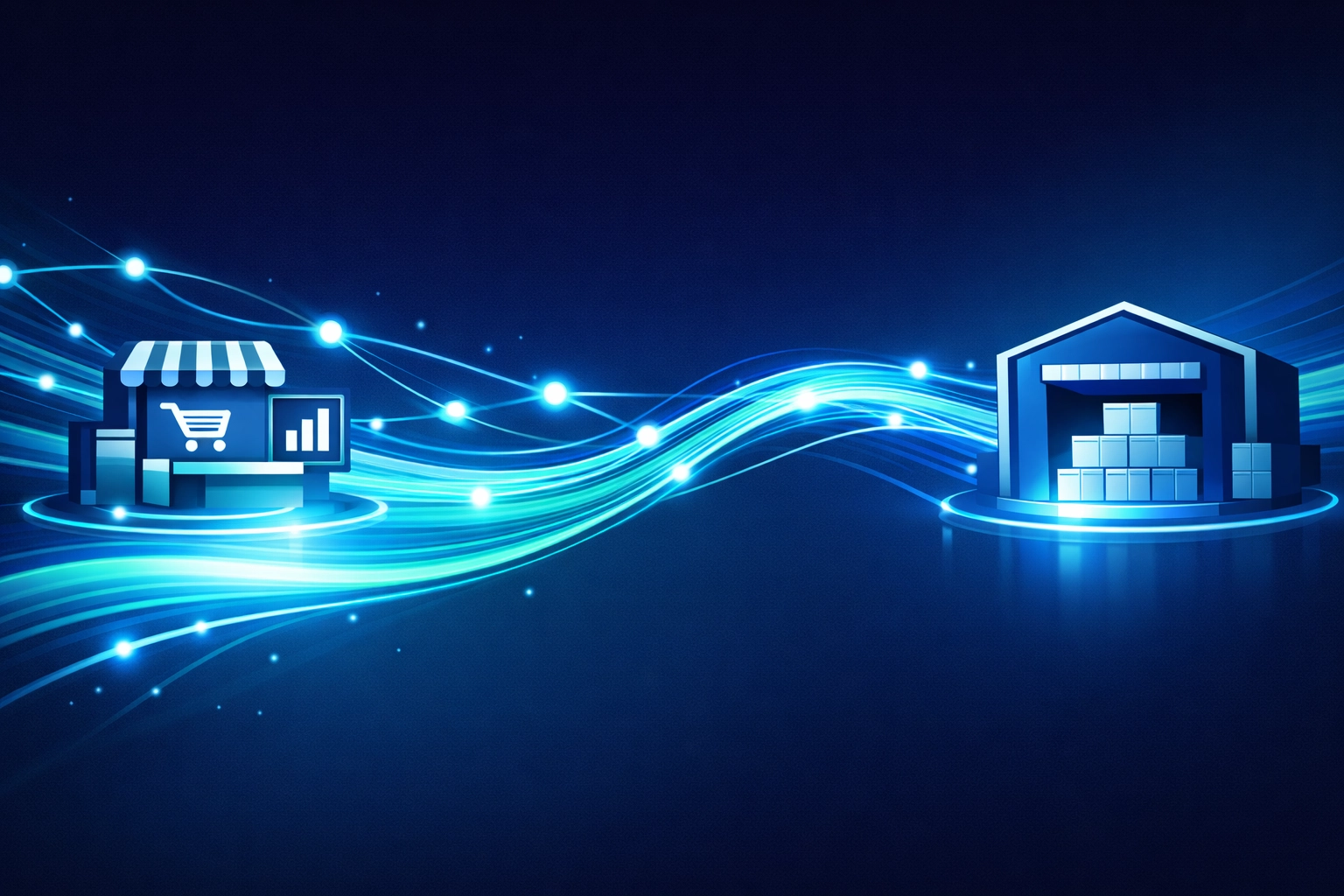 Modern visualization of automated data integration between e-commerce sales and fulfillment hubs.