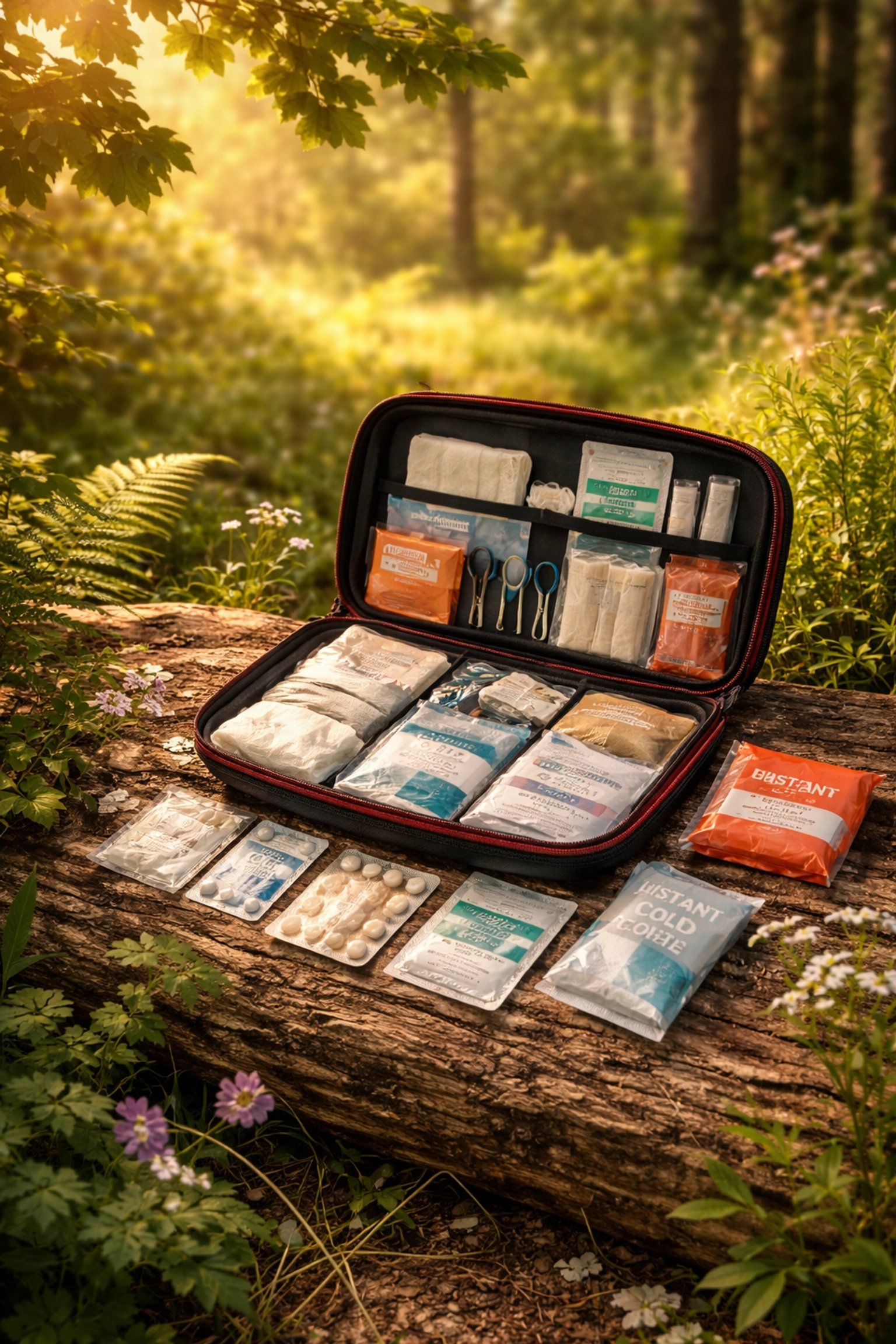 Open wilderness first aid kit with outdoor supplies on a log, prepared for safe UK camping experiences