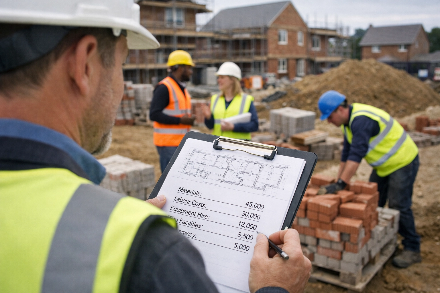 Property developers reviewing construction plans at development site