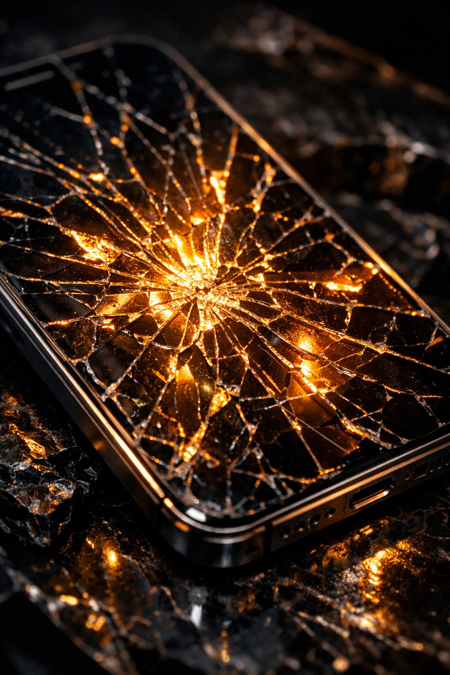 Close-up of a shattered screen with gold light, showing why you should sell a broken phone for cash.