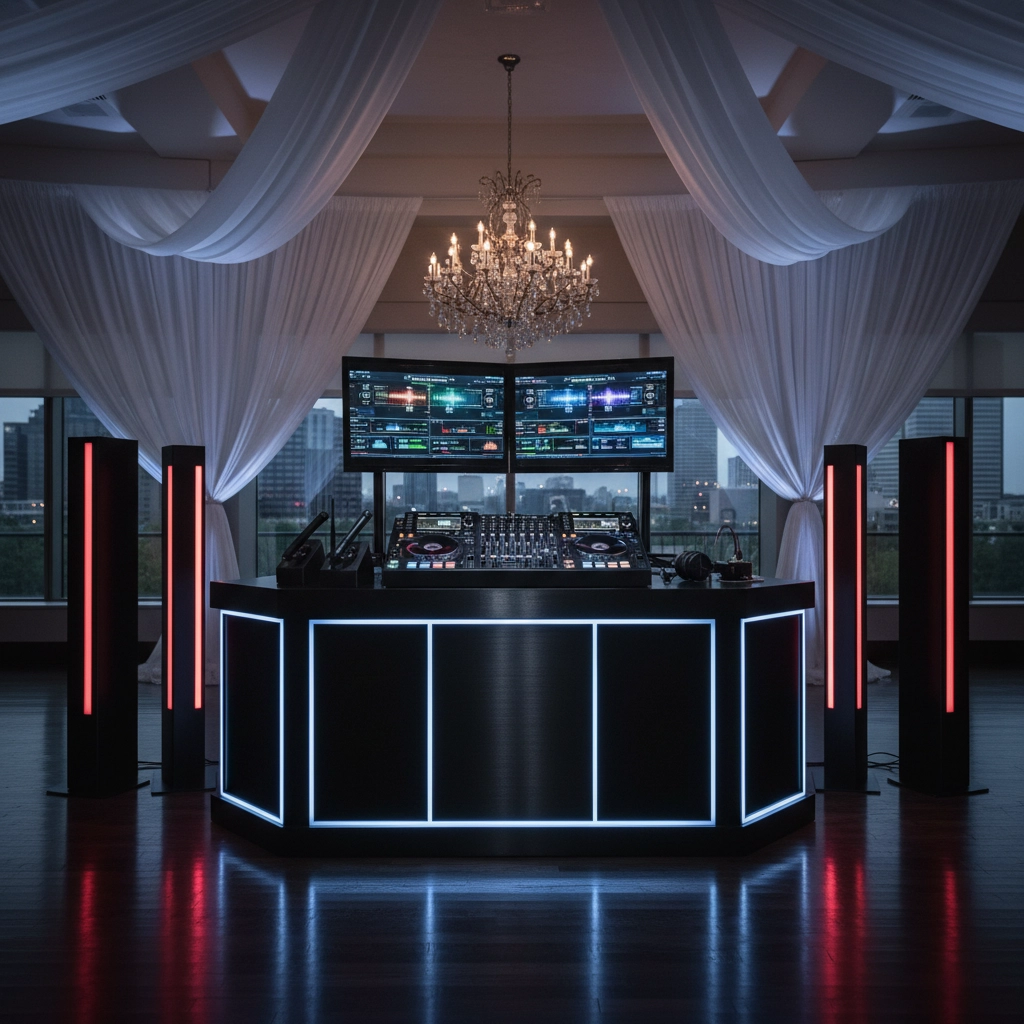 Elegant DJ booth with glowing screens and lights under a chandelier. White drapes and city view create a sophisticated ambiance.