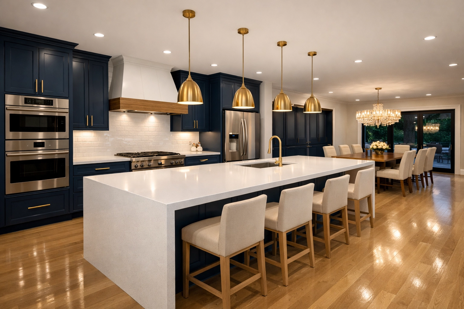 Modern decluttered kitchen with polished surfaces and blue cabinets after a thorough house cleaning Dunstable MA.