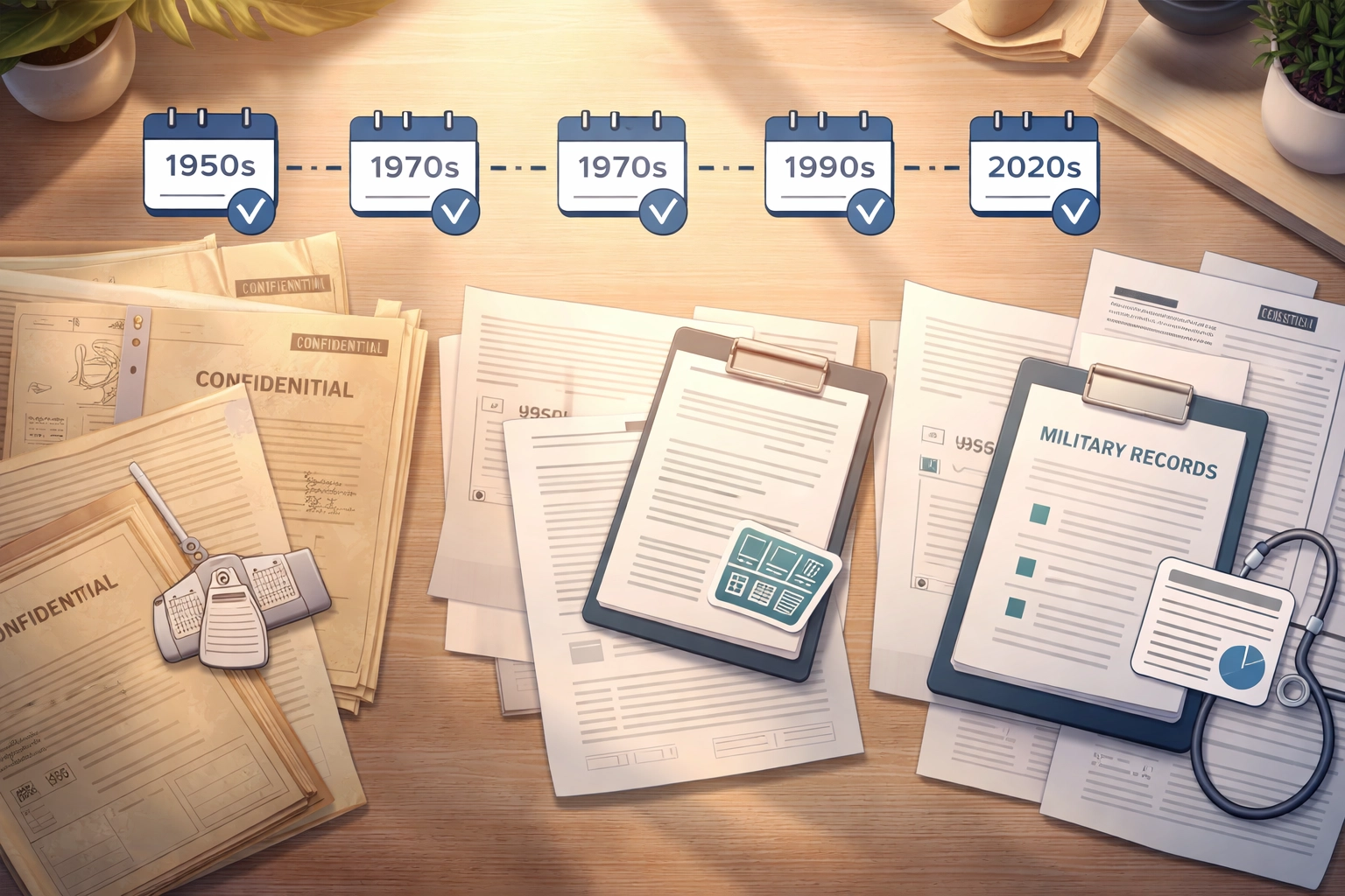 Timeline showing DD214 military discharge document formats evolving from the 1950s to present day