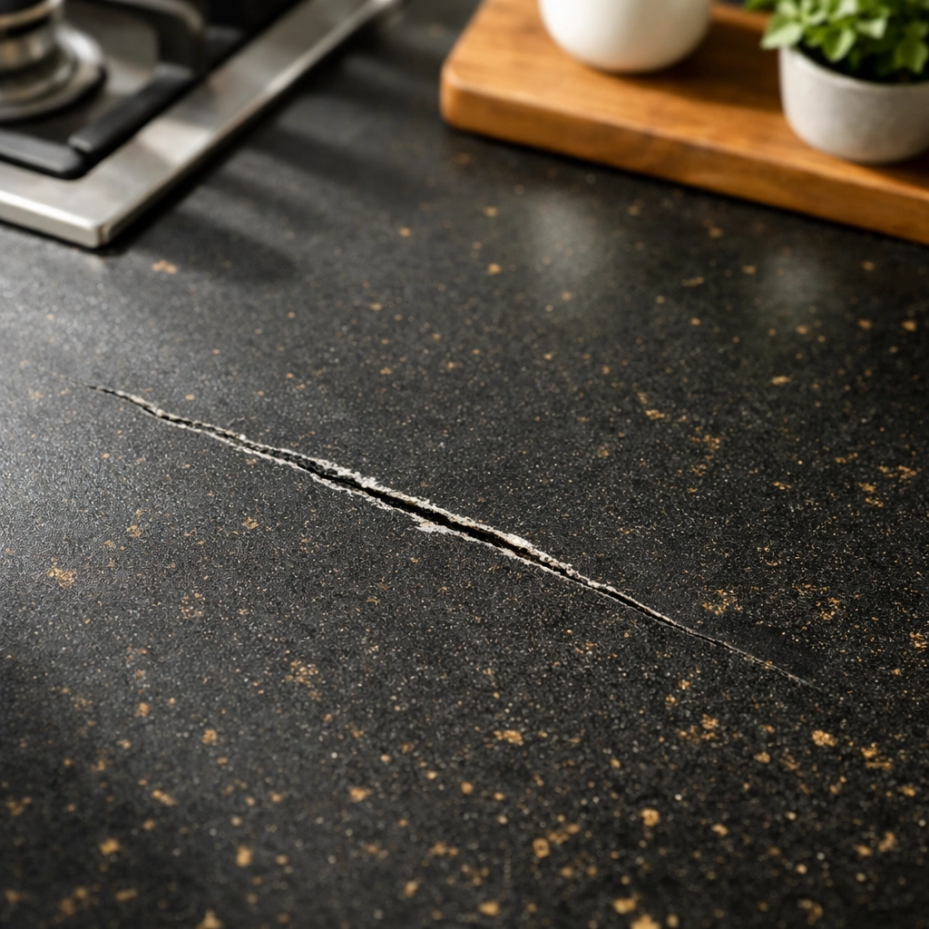 Damaged kitchen worktop requiring deposit deduction at property check-out inspection