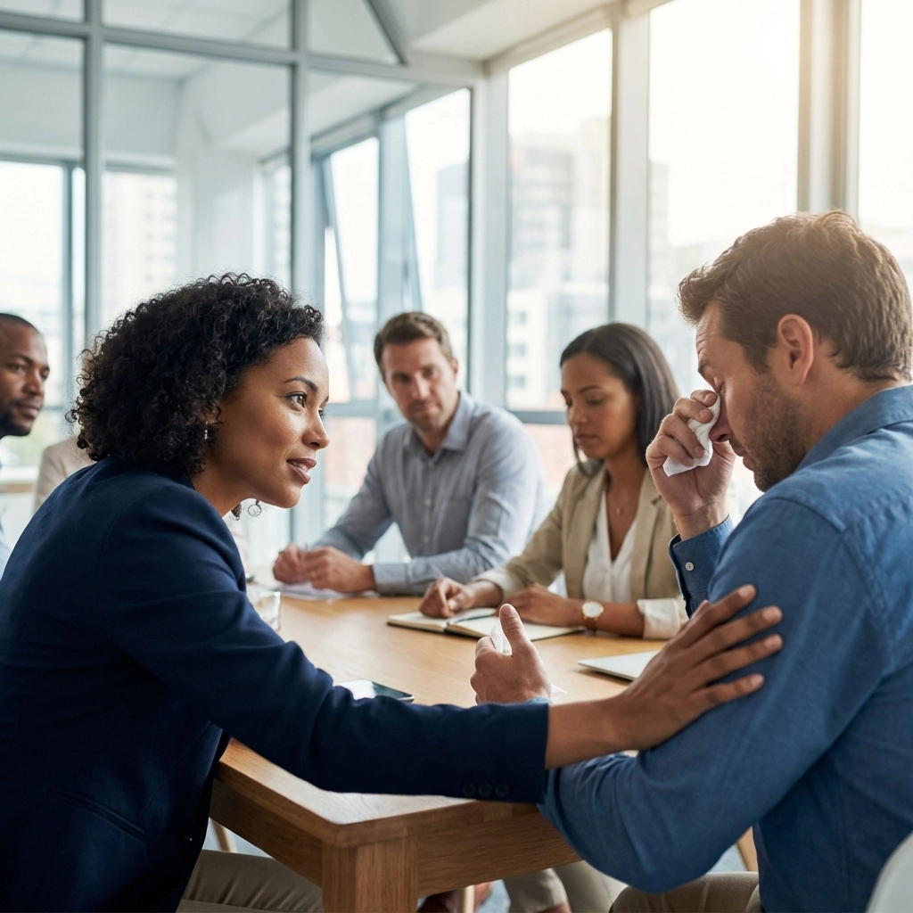 Diverse business team leader listening empathetically to a colleague, illustrating emotional intelligence at work