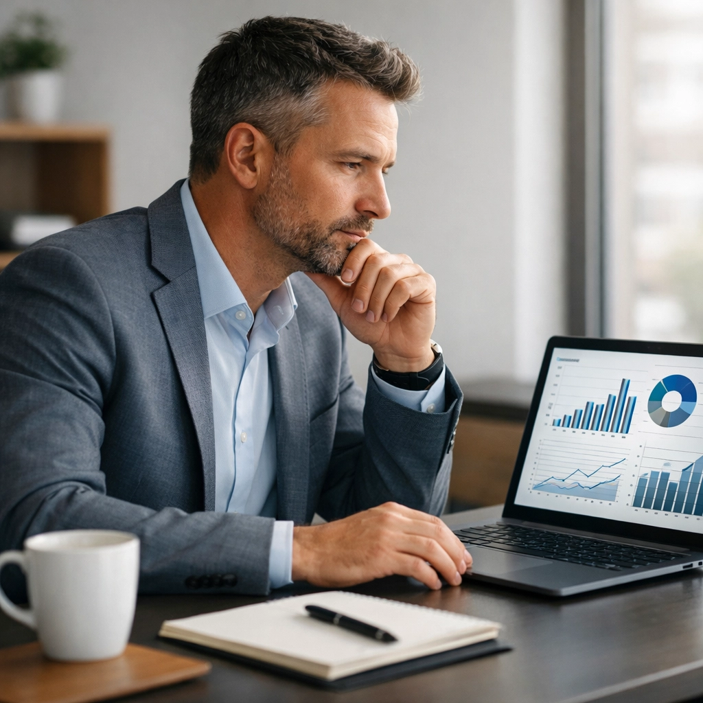 Business owner reviewing financial reports deciding between fractional CFO and in-house controller