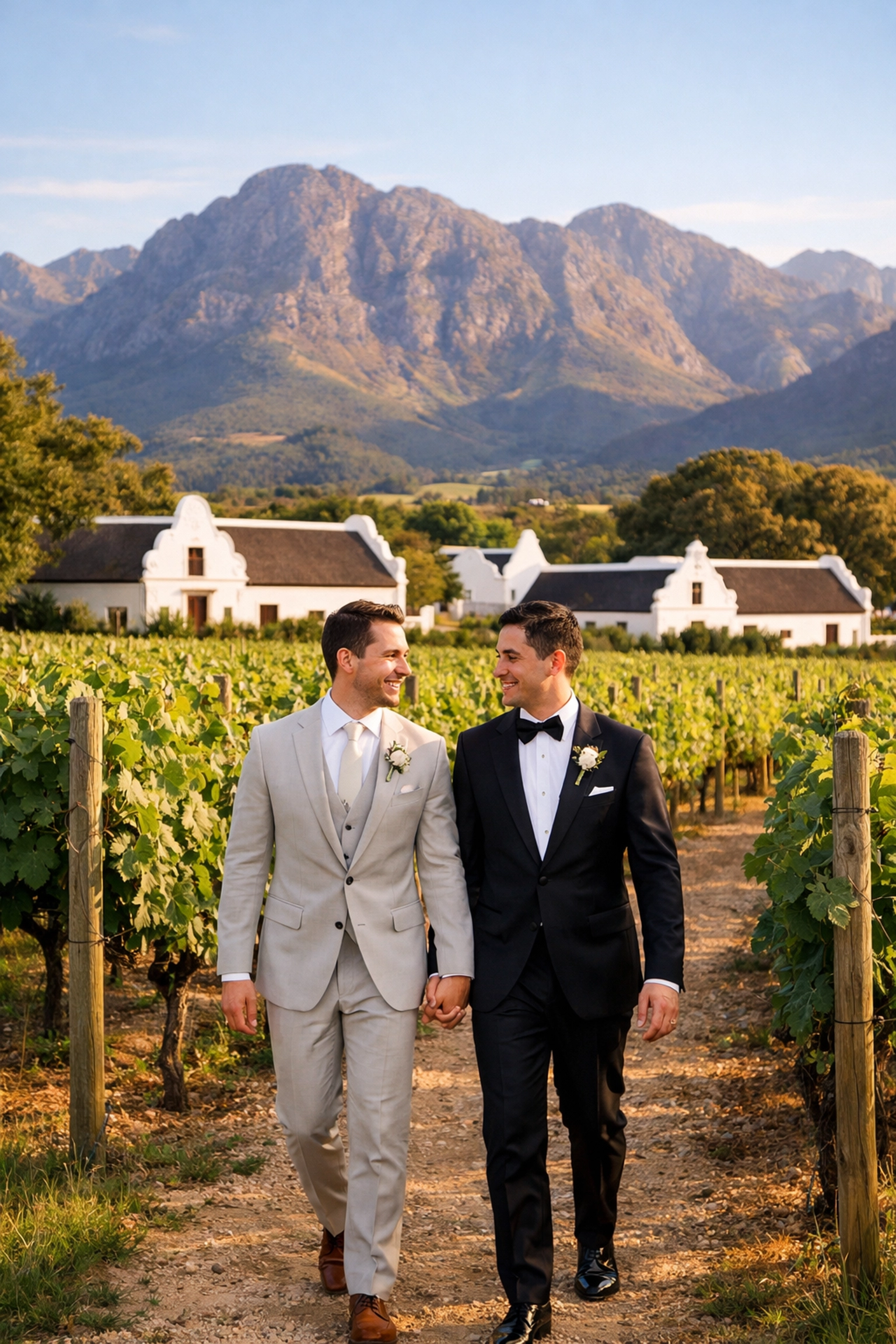 Same-sex couple in wedding attire at Franschhoek vineyard wedding venue Babylonstoren