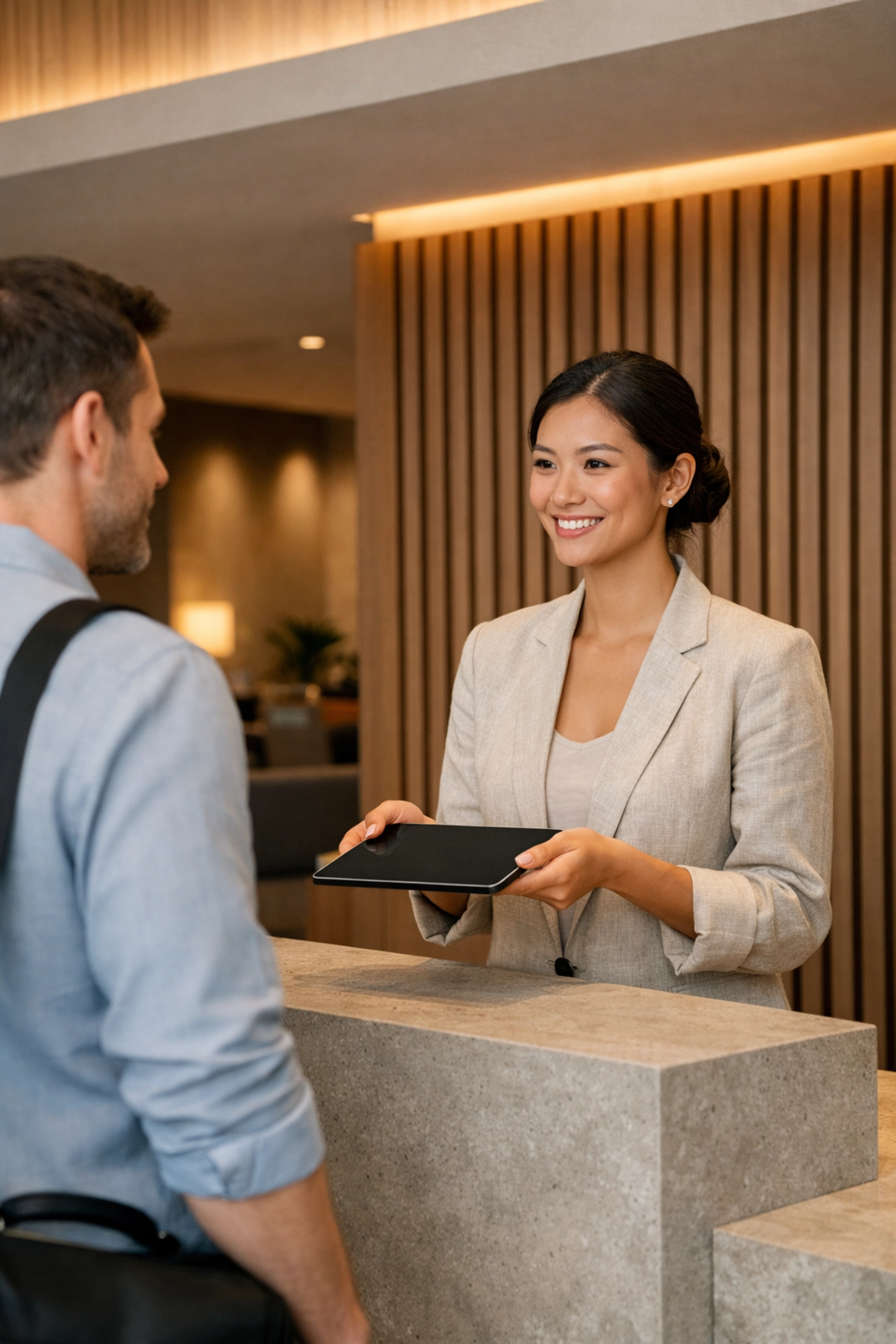 Hotel staff using integrated management software to provide seamless guest service.