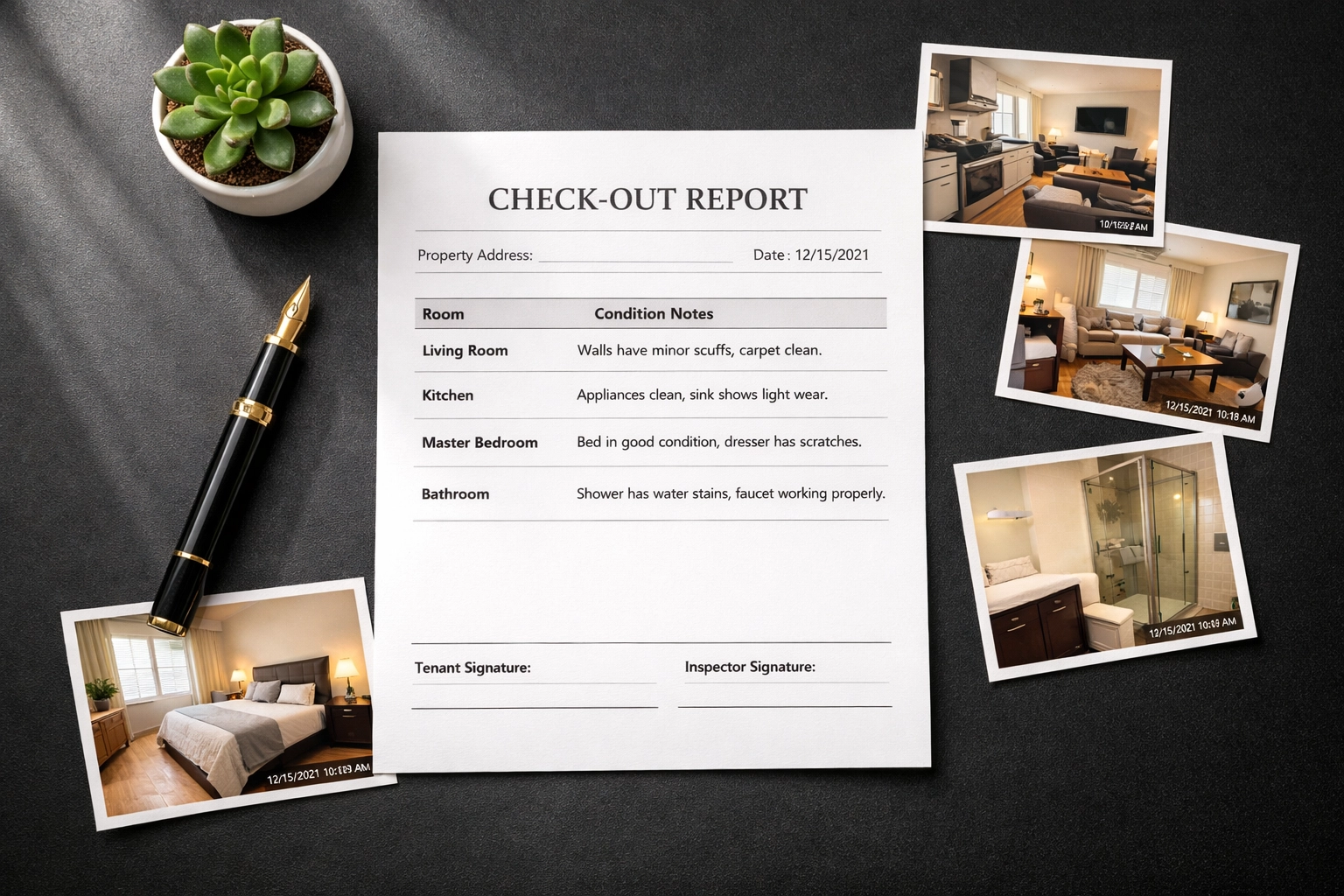 Professional check-out report documentation with property photographs for landlord inventory services