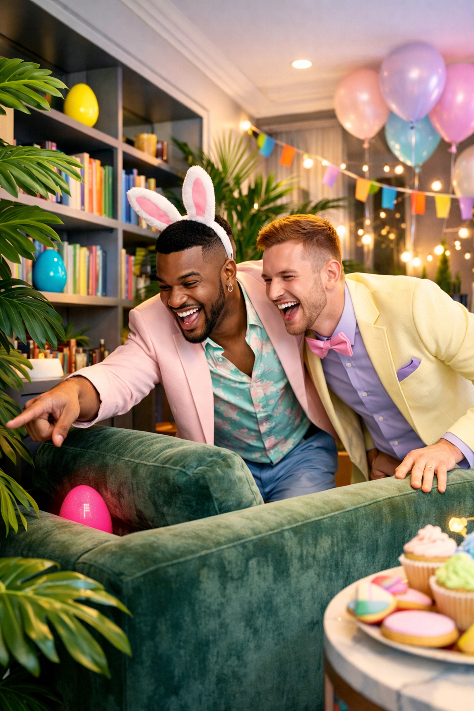 Two gay men with bunny ears finding hidden Easter eggs in a modern living room.