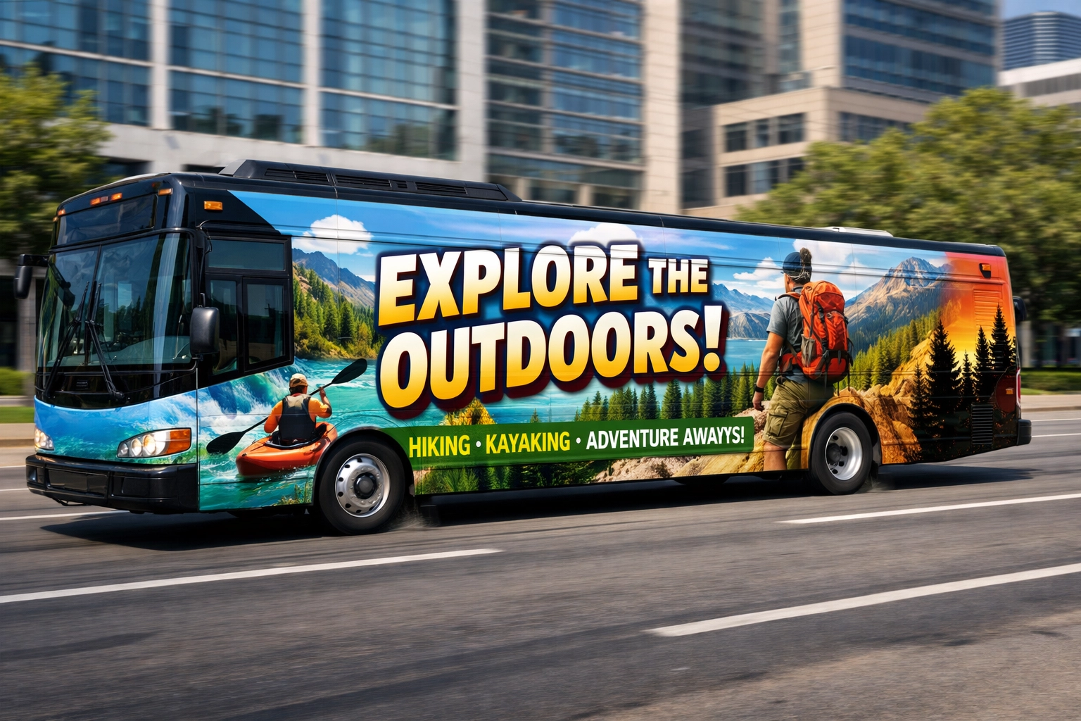 High-impact transit bus advertising wrap moving through a city street to maximize mobile brand visibility.