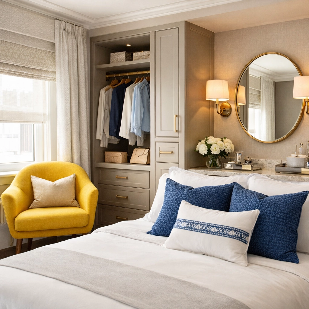 Organized luxury bedroom showcasing professional housekeeping and attention to detail in Topsfield.