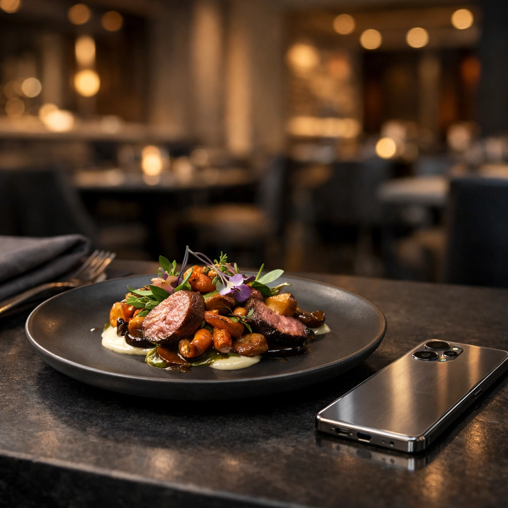 Sophisticated hotel dining table with a seasonal dish and smartphone for AI-powered menu optimization.