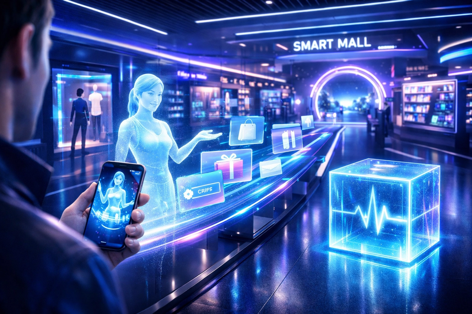 AI-driven shopping interface in a futuristic mall showing smart crypto payments and social impact tax integration.