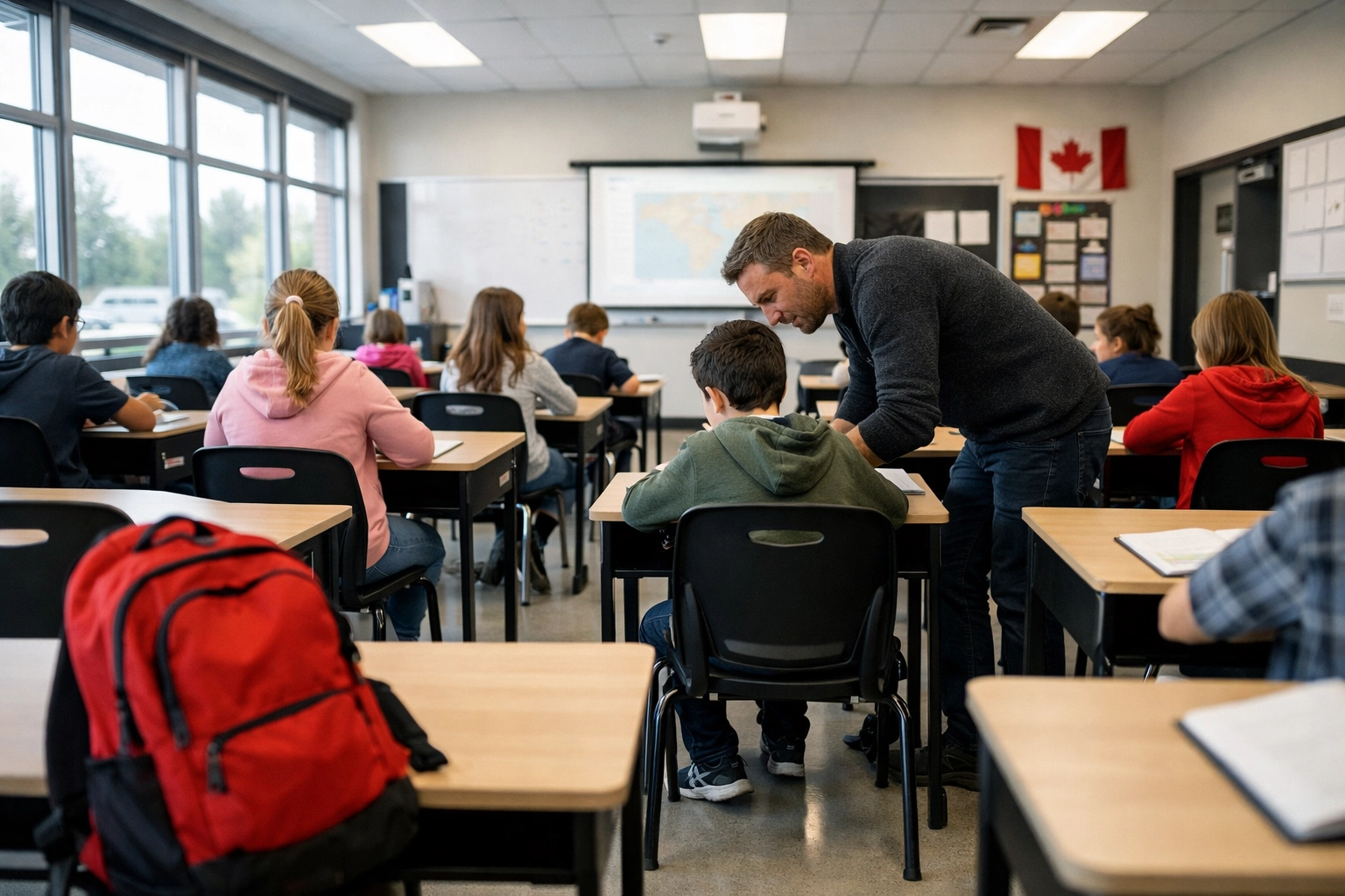 An Alberta teacher assists a student in a classroom amidst provincial education staffing shortages.